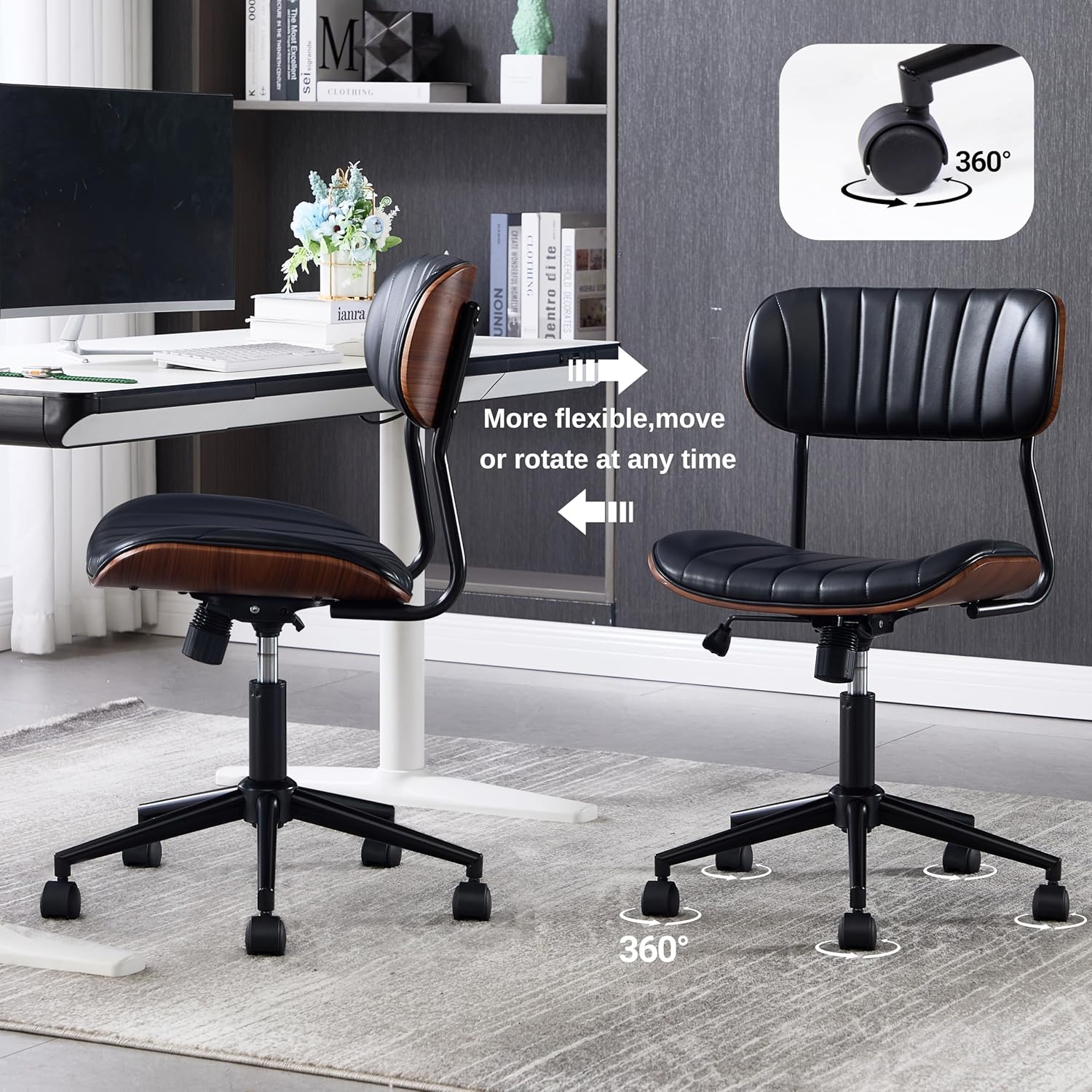 Modern Walnut Home Office Chair，Adjustable Height Desk Chair with Wheels，Armless Computer Chair for Office, Reading Meeting Room, Black