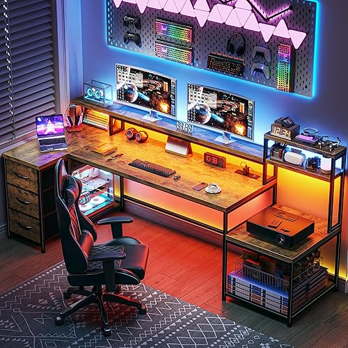 Miniatura 3 de EnHomee Escritorio para juegos en forma de L de 70.9 pulgadas con cajones, escritorio reversible en forma de L con toma de corriente y luces LED,