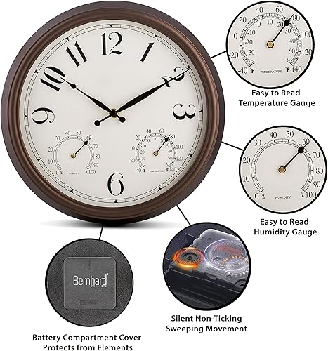 Miniatura 5 de Bernhard Products Reloj de pared para interiores y exteriores, color bronce, 13 pulgadas, silencioso, sin tictac, con medidor de temperatura y
