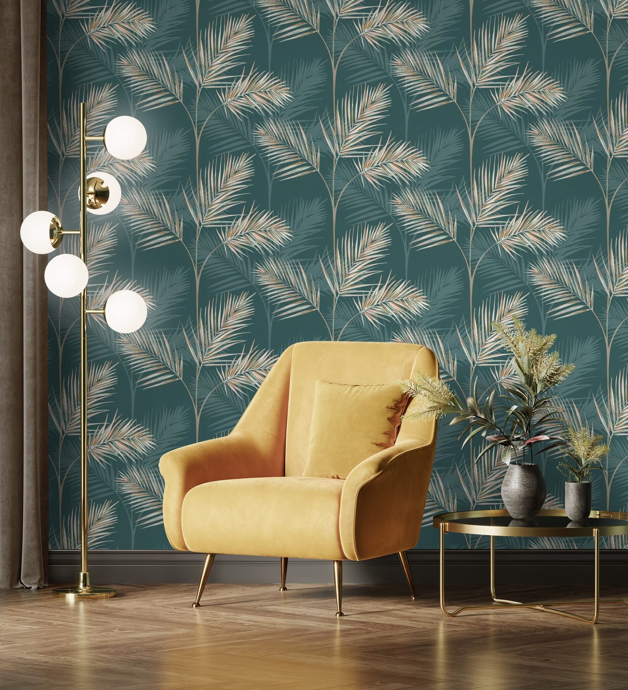 GAULAN 680912 - Papel pintado lavable tropical de hojas de palmeras camel y verde para pared salón dormitorio comedor cabecero cama - Rollo de 10 m x 0,53 m