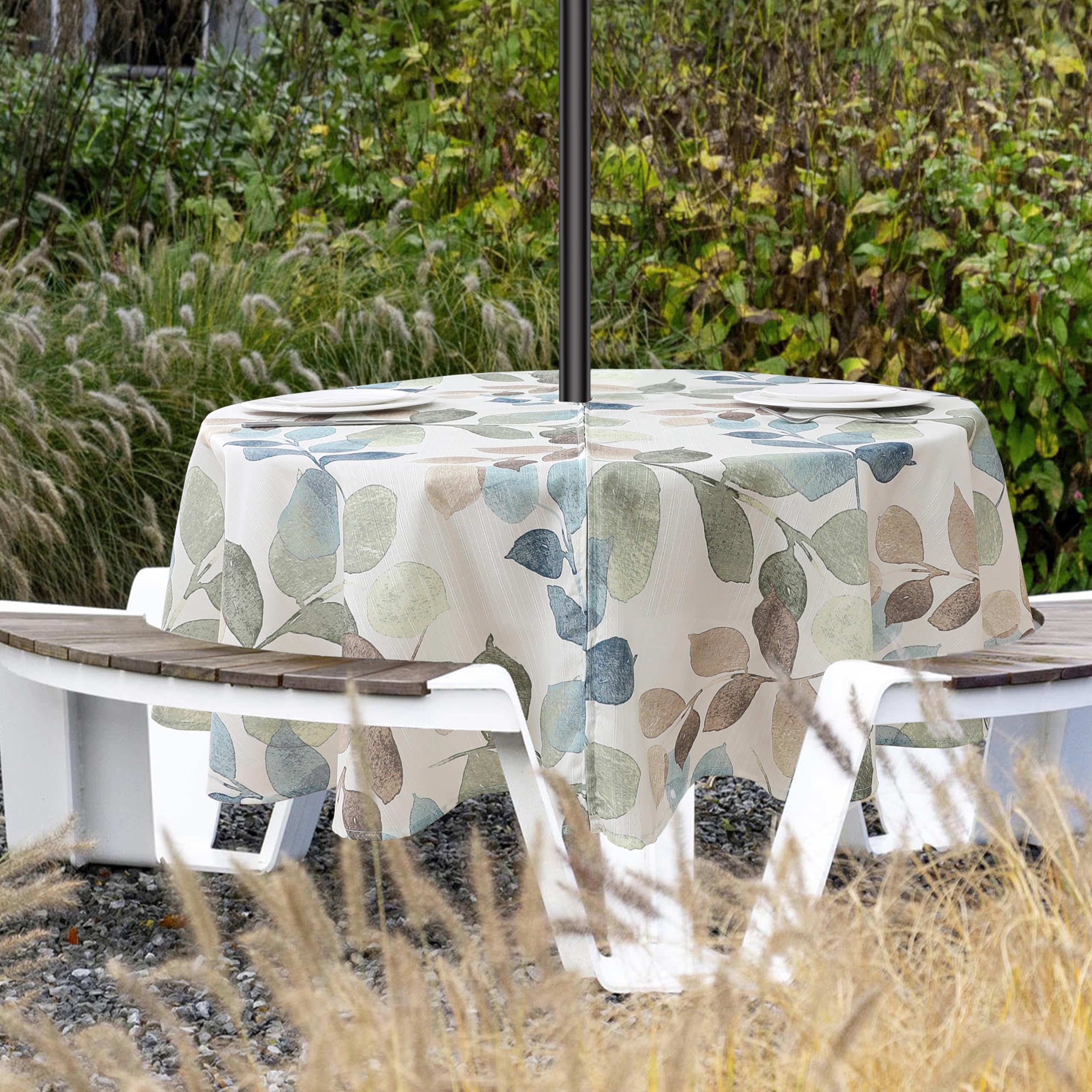 Colorful Leaf Round Outdoor Tablecloth with Umbrella Hole, Table Cloth with Hidden Zipper Outdoor Party Cafe Decorative Floral Table Cover Wrinkle