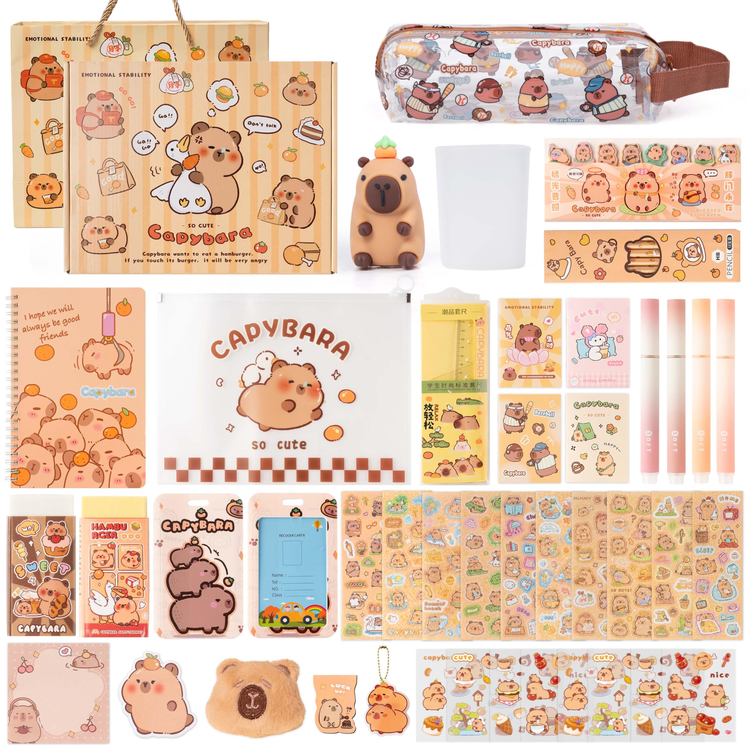 GwaOery Capybara Stationery Set with Exquisite Bag Large Capacity Case Multi-Layer Pencil Case Include Capybara Pencil Holder Eraser Sticky Notes for Office Kids School Supplies (Style 1)
