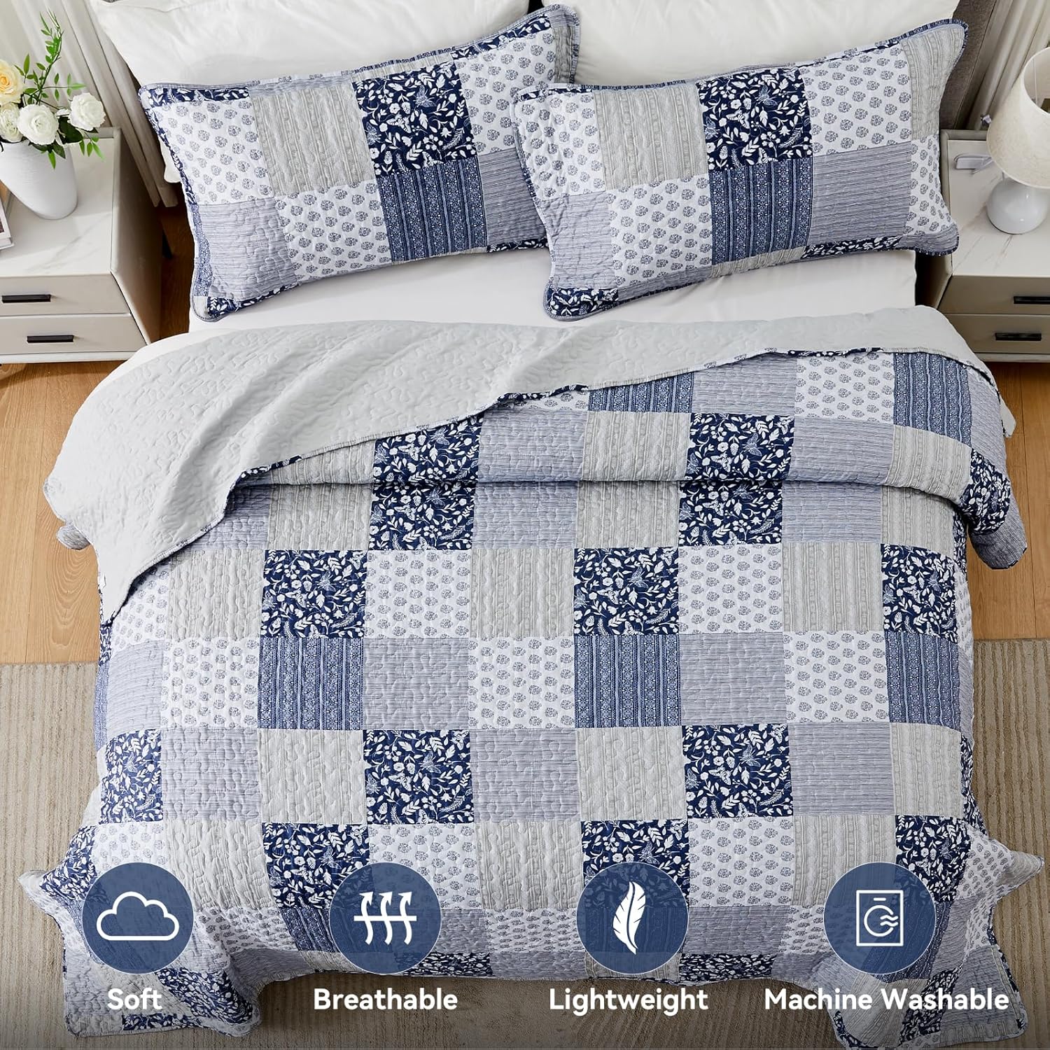 VIVILINEN Oversized King Size Quilt Set 128x120 Navy Blue Grey Bedspread Plaid Patchwork Extra Wide Super King Quilted Coverlet Bedding Set 3-Piece Reversible Lightweight Bed Cover Comforter Set - Image 3