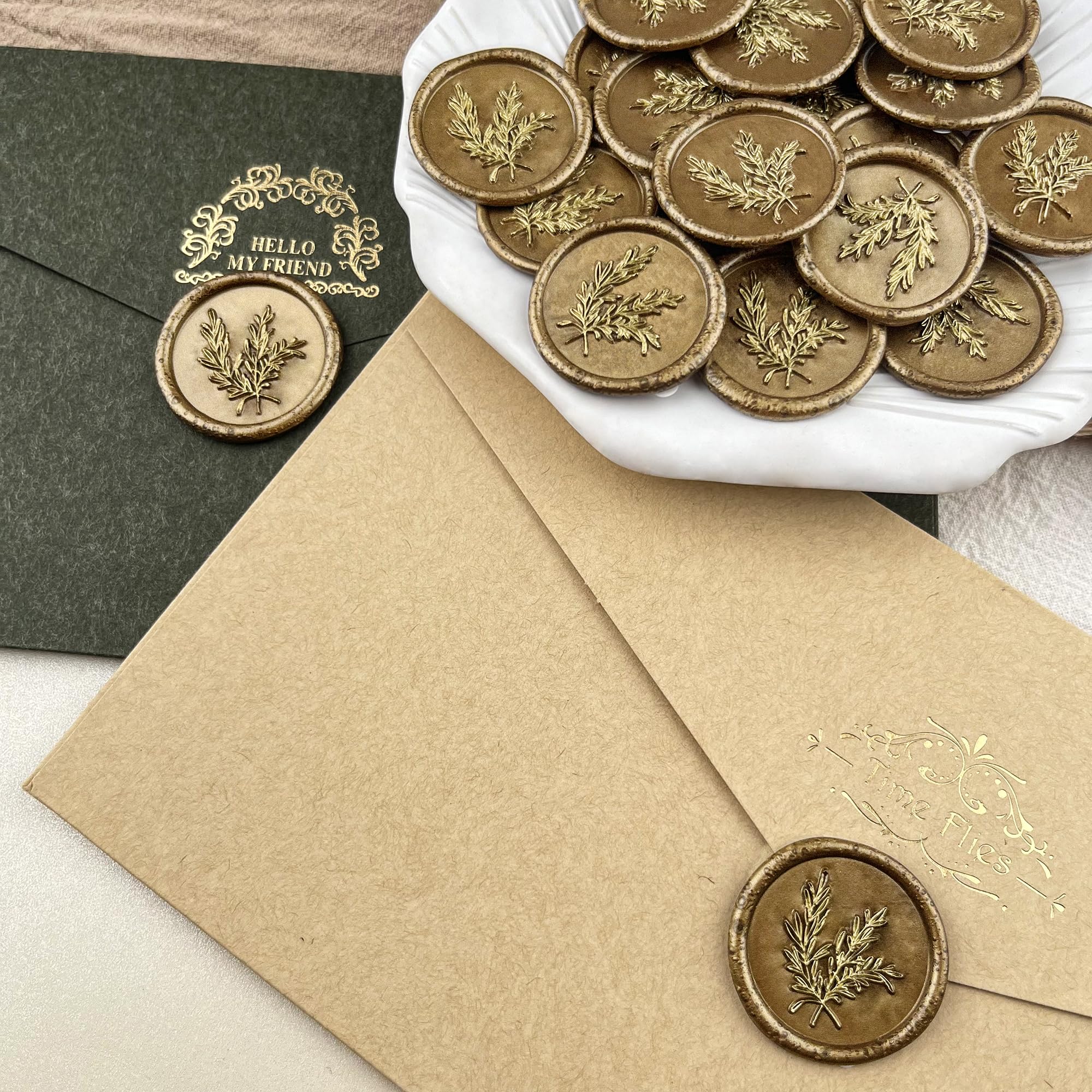 25 calcomanías de cera hechas a mano, sellos de cera autoadhesivos para invitaciones de boda, fiesta, sobres, envoltura de regalo, Navidad (estilo romero, cera de bronce)