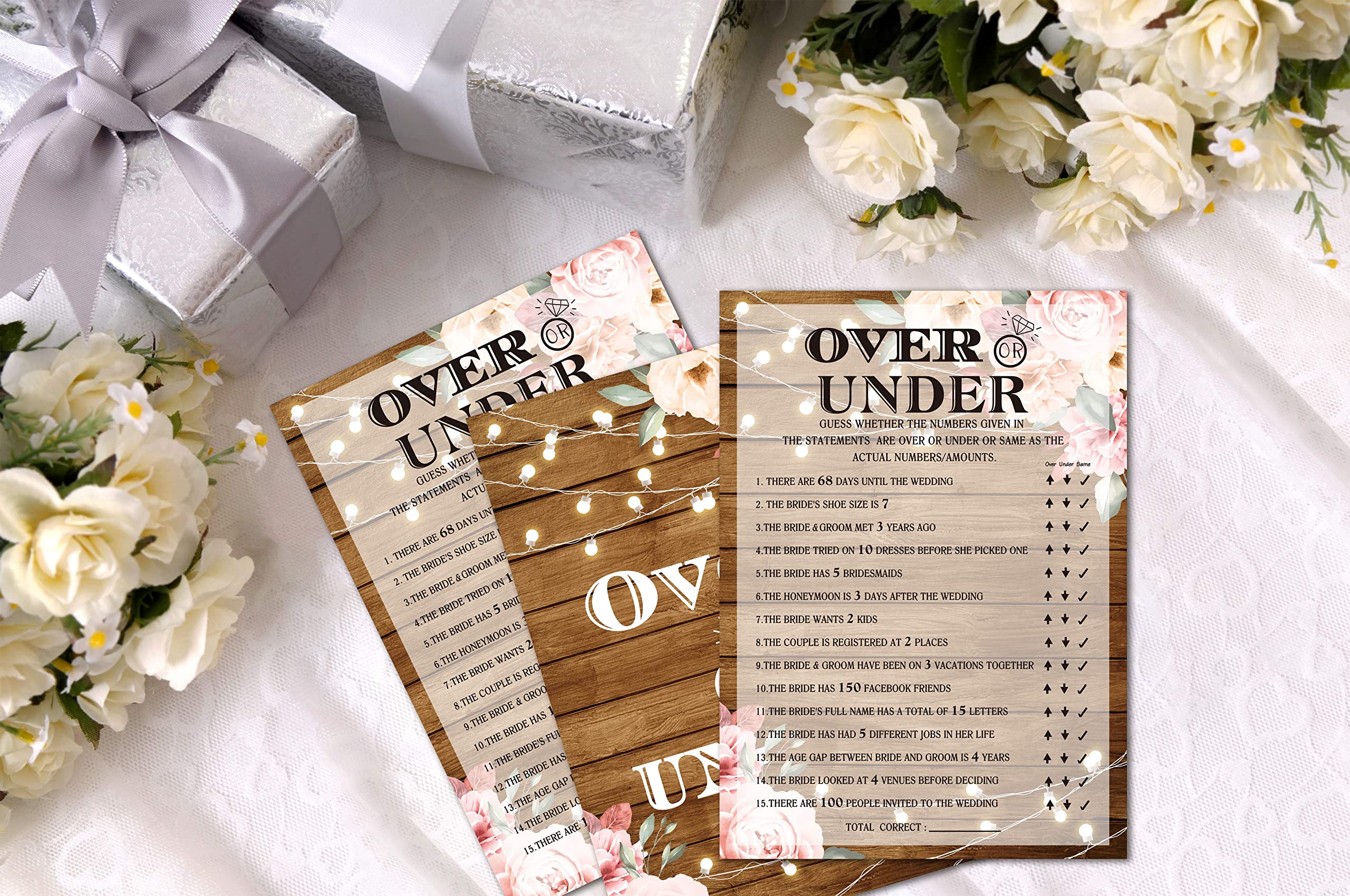 Bridal Shower Games – Over Or Under Wedding Game Cards, Blush Pink Boho Floral (30 Cards) - View #8
