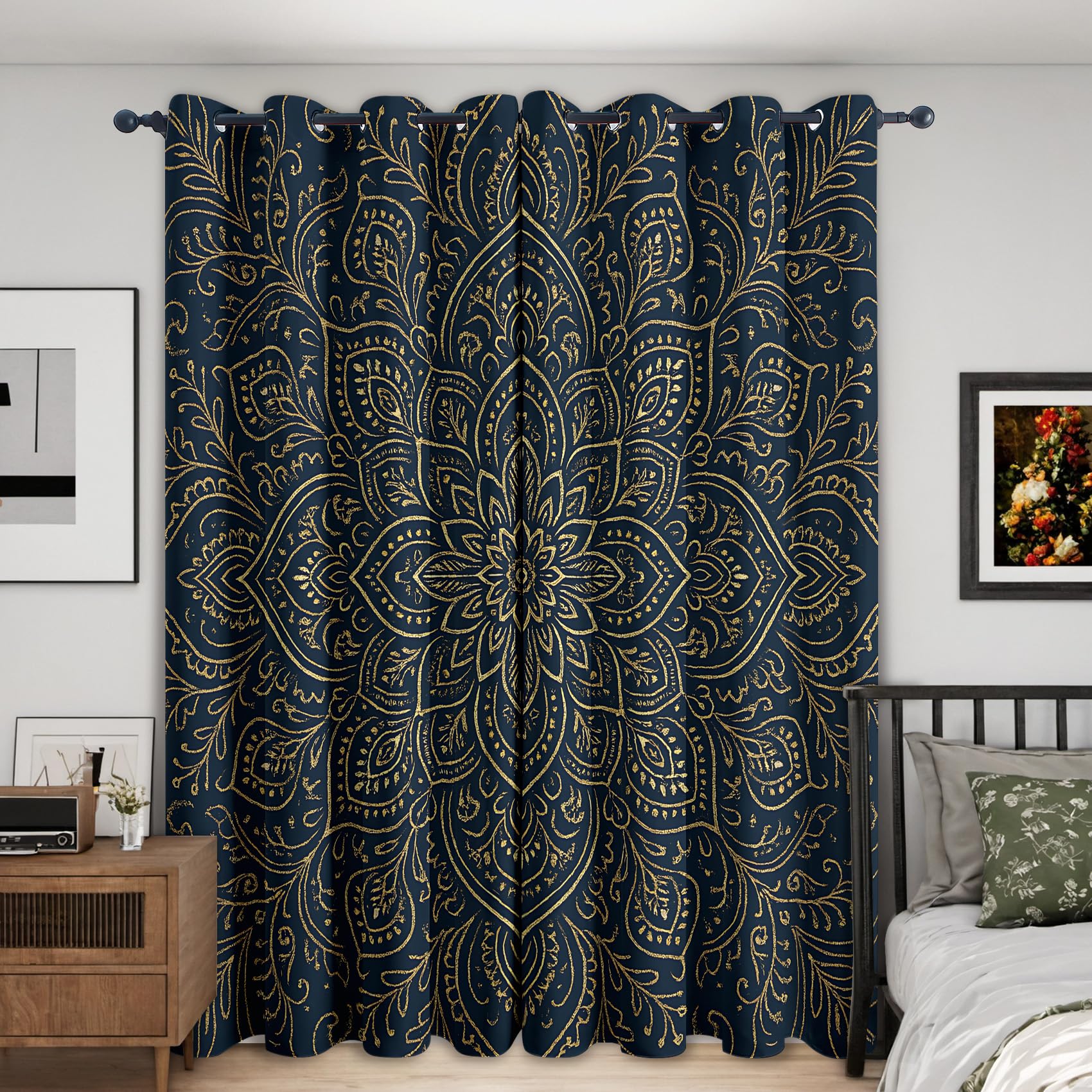 Generisch Mandala Vorhänge Blickdicht, 137 cm Lang, Böhmen Marineblau Ethno Thermo Gardinen mit Ösen, Wohnzimmer Schlafzimmer Deko Blackout Curtains H 137 x B 117, 2 Stück FQ228