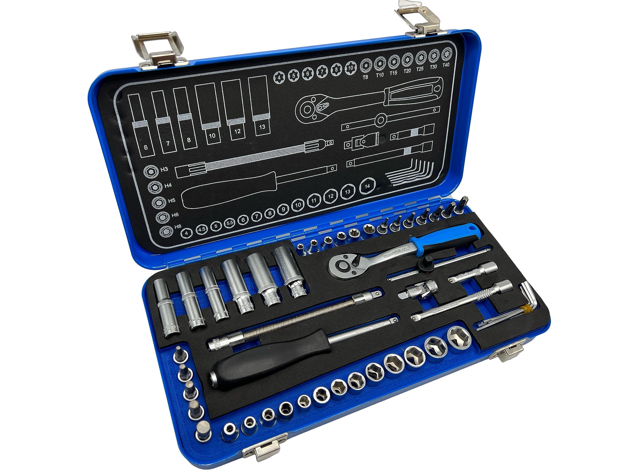 Kraftwelle Coffret à cliquet 1/4" 50 pièces Coffret à outils avec cliquet 72 dents, jeu de douilles 6-13 mm, écrou profil E, Torx/outil de mécanique de précision