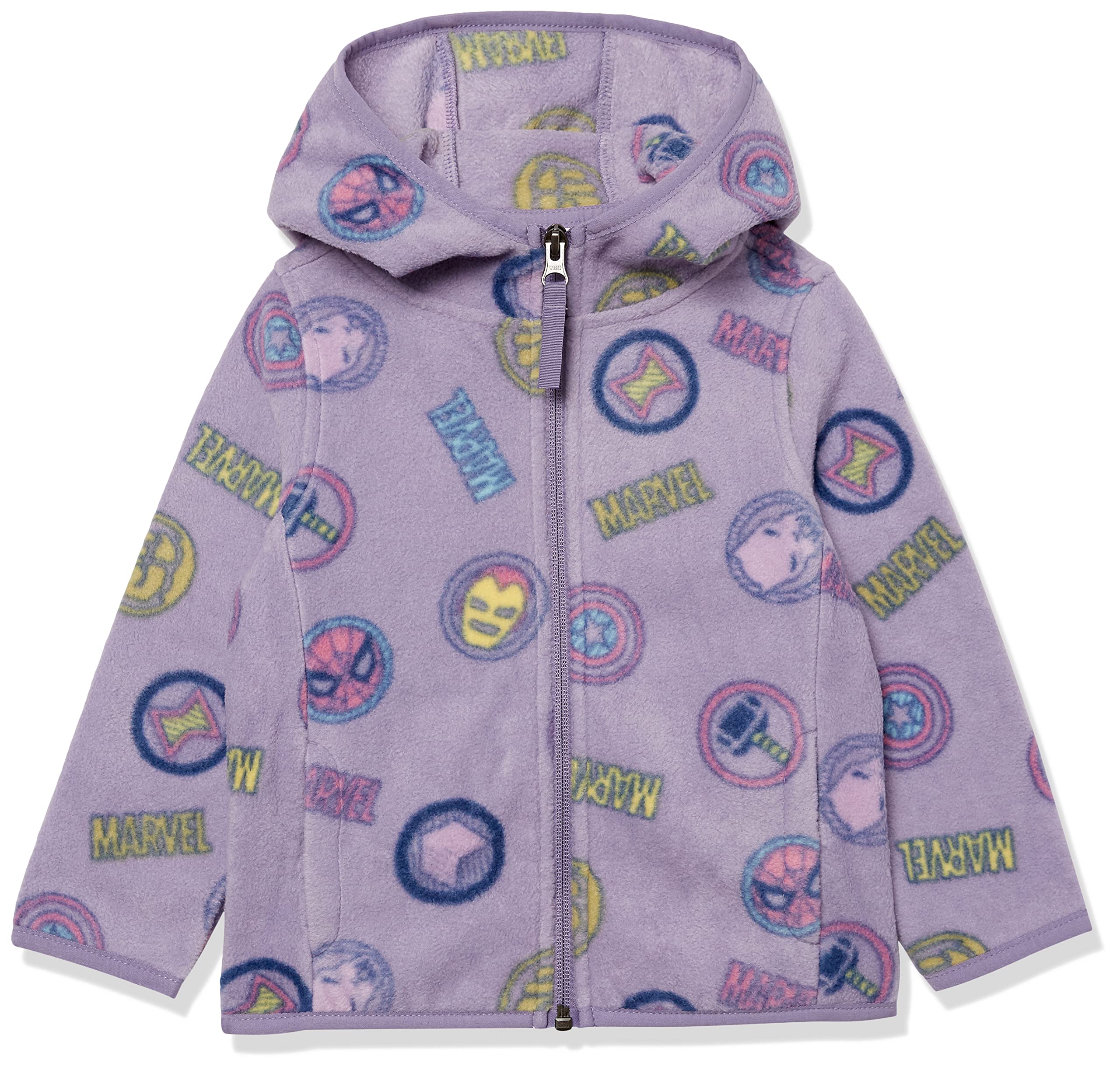 Amazon Essentials Disney | Marvel | Star Wars | Princess Toddler Girls' Polar Fleece Full-Zip Hooded Jacket, Marvel Logo, 2T