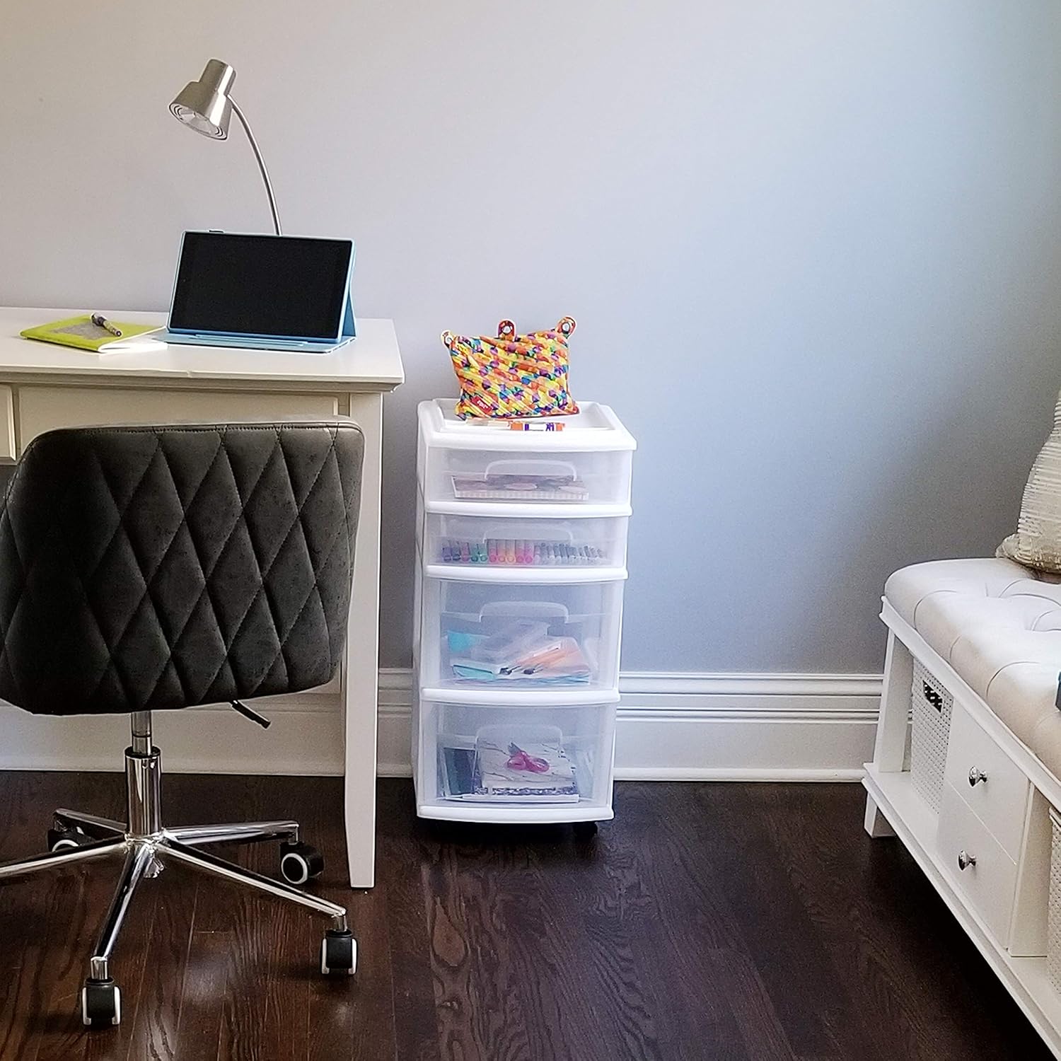 Homz Plastic 4 Drawer Medium Cart, White Frame with Clear Drawers, Casters, Set of 1 : Office Products