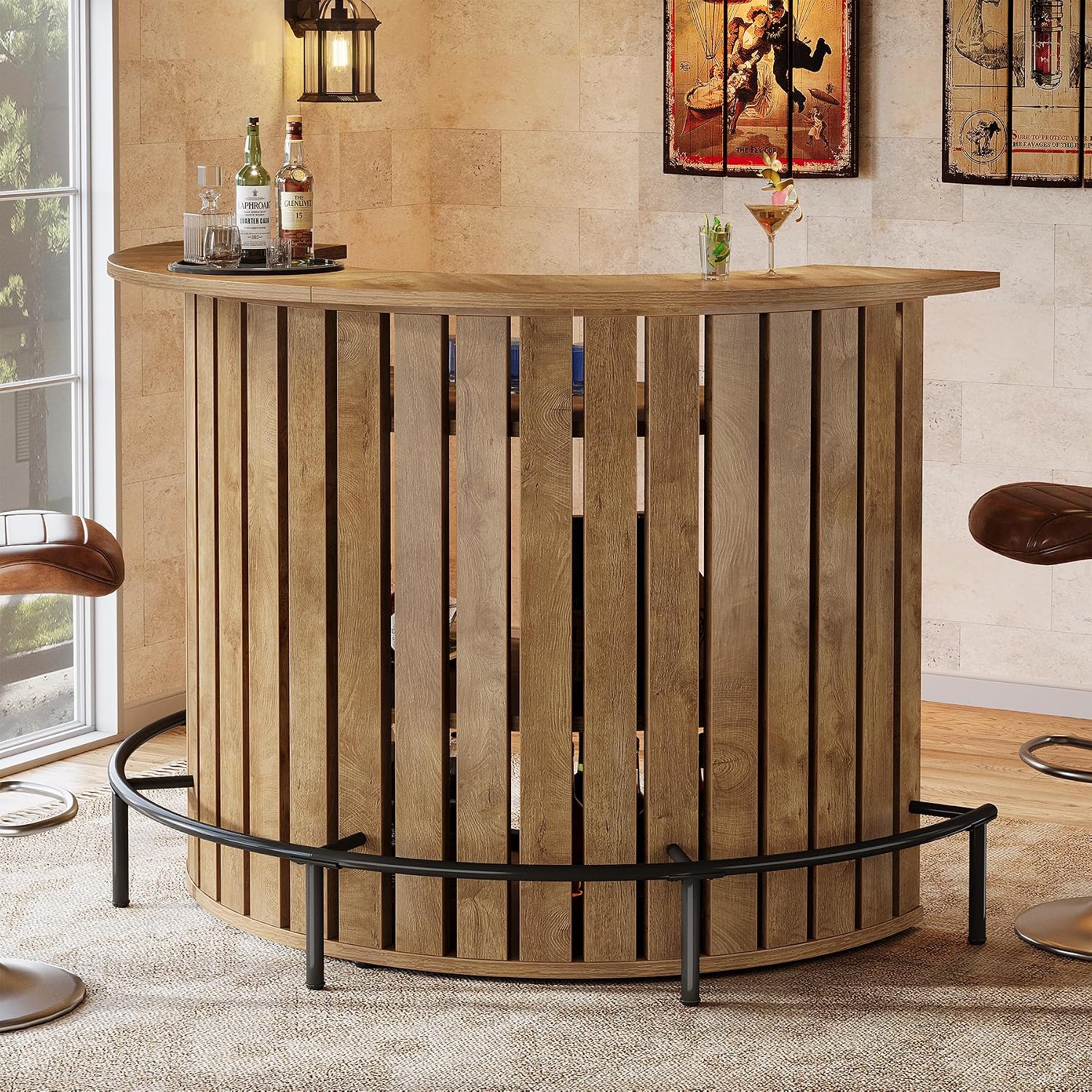 Tribesigns 4-Tier Bar Table, 47.24" Mini Home Bar Table with Footrest, Arc-Shaped Modern Bar Cabinet for Home, Living Room, Light Brown