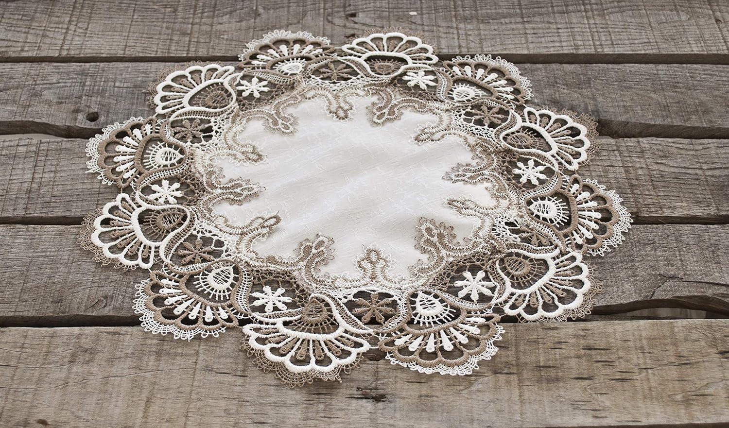 White Cocoa Earth Tones Jacquard Peacock Tail Lace Doily, Placemat, Table Centerpiece (15 Inch Round) (Pack of 2)