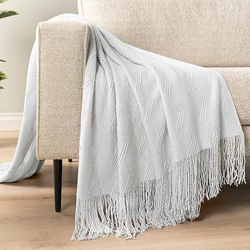 Miniatura 8 de PAVILIA Manta de punto blanco para sofá cama, manta de punto suave para sala de estar, manta decorativa ligera de verano para silla, manta bohemia