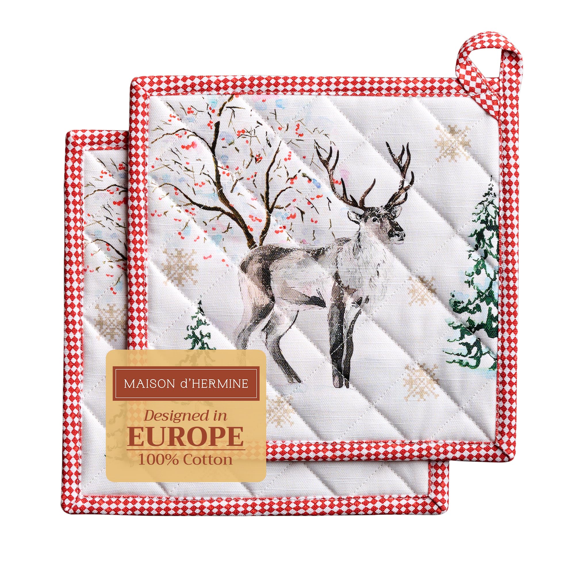Maison d' Hermine Pot Holders Set 100% Cotton Heat Resistant Potholders 20 cm x 20 cm Hot Pads with Loop for Christmas Decorations BBQ Cooking Baking Handling Hot Pans (Pack of 2, Rural Christmas)