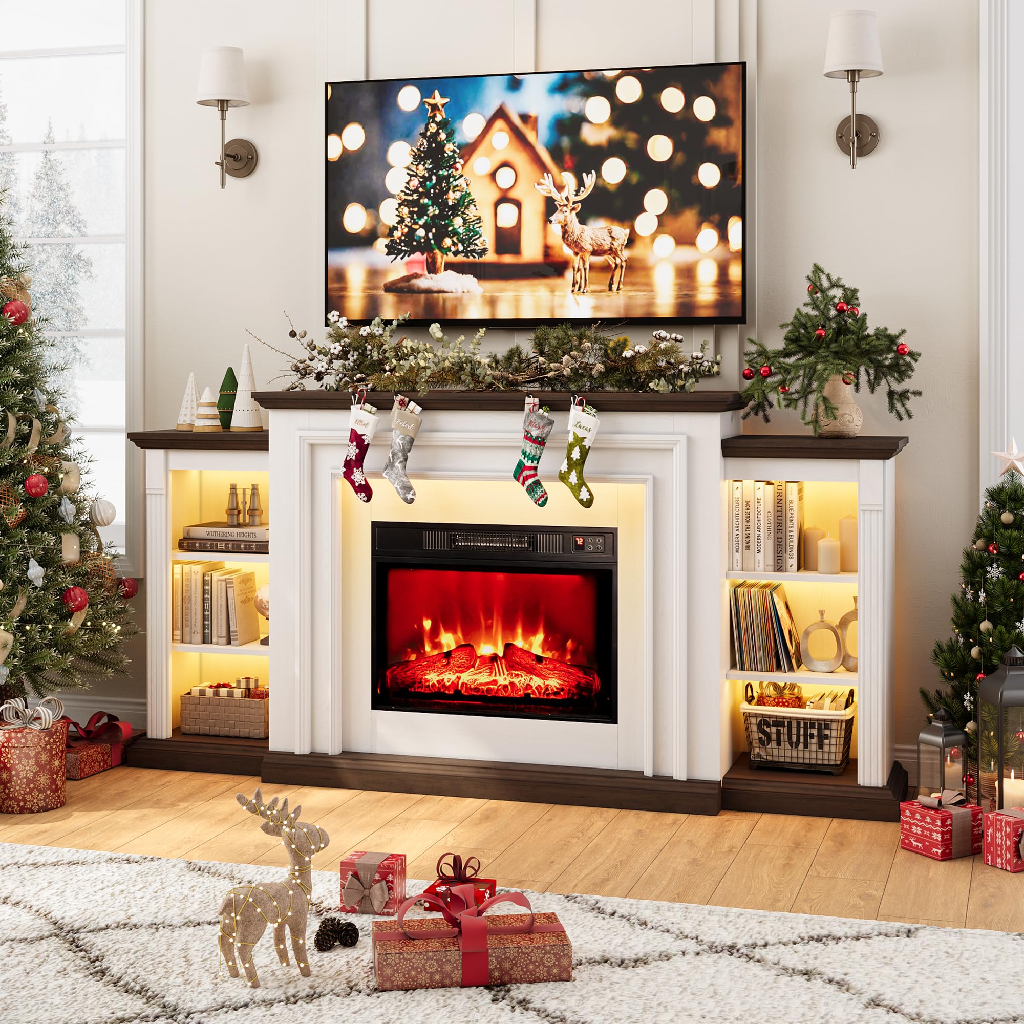72" LED Electric Fireplace with Mantel, Fireplace TV Stand for 80 Inch TV, Modern Entertainment Center with Storage, Delicate Three-Dimensional Molding with Remote Control for Living Room