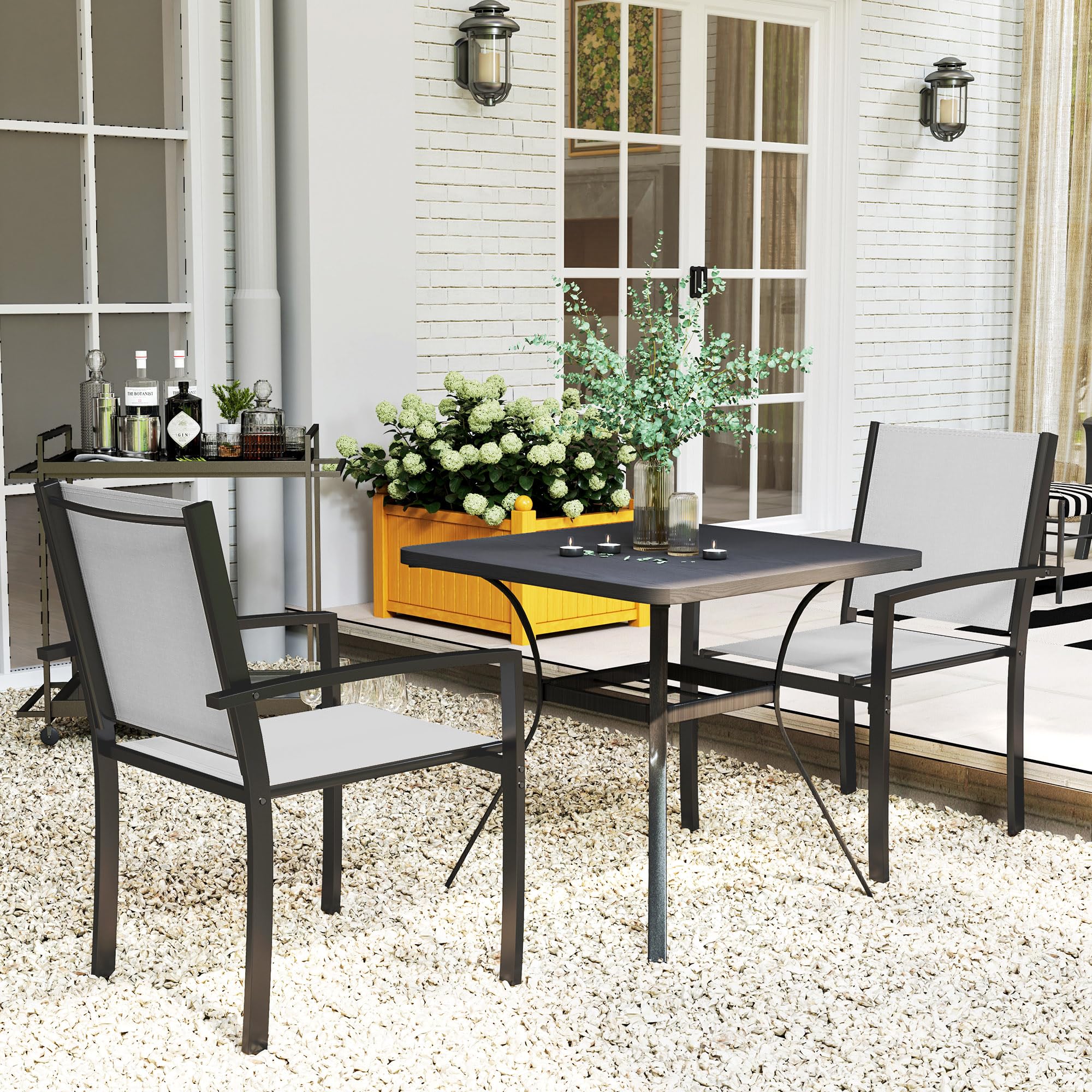 Outsunny Lot de 2 chaises de Jardin chaises empilables d'extérieur avec accoudoirs, Cadre en Acier pour Jardin, Piscine, terrasse, Gris Clair