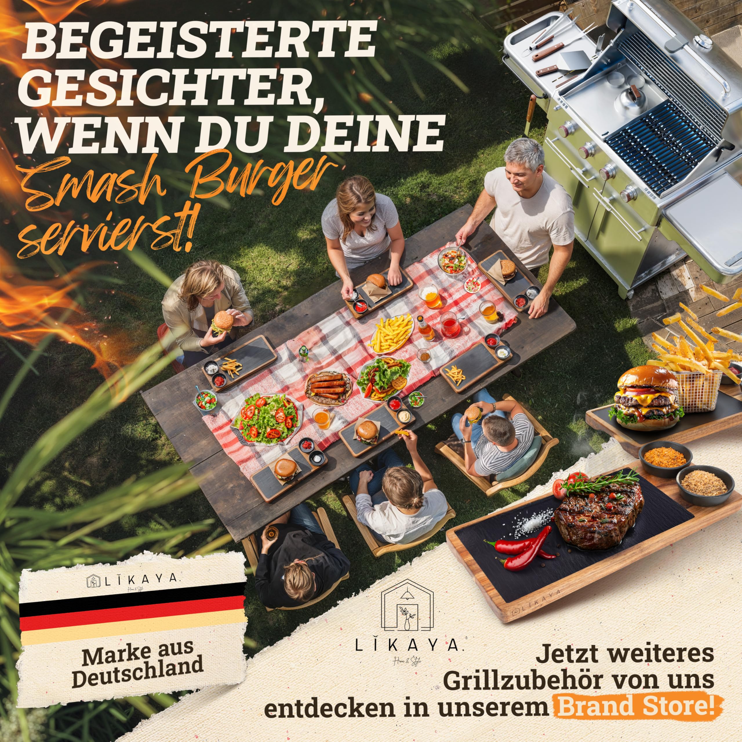 LIKAYA® Smash Burger Master-Set XXL [9-TLG.] Edelstahl mit Akazienholz-Griffen für Plancha, Grillplatte, Gasgrill & Feuerplatte | 1x Smasher, 2X Burgerglocke, 1x Grillspachtel, 1x Grillwender & mehr