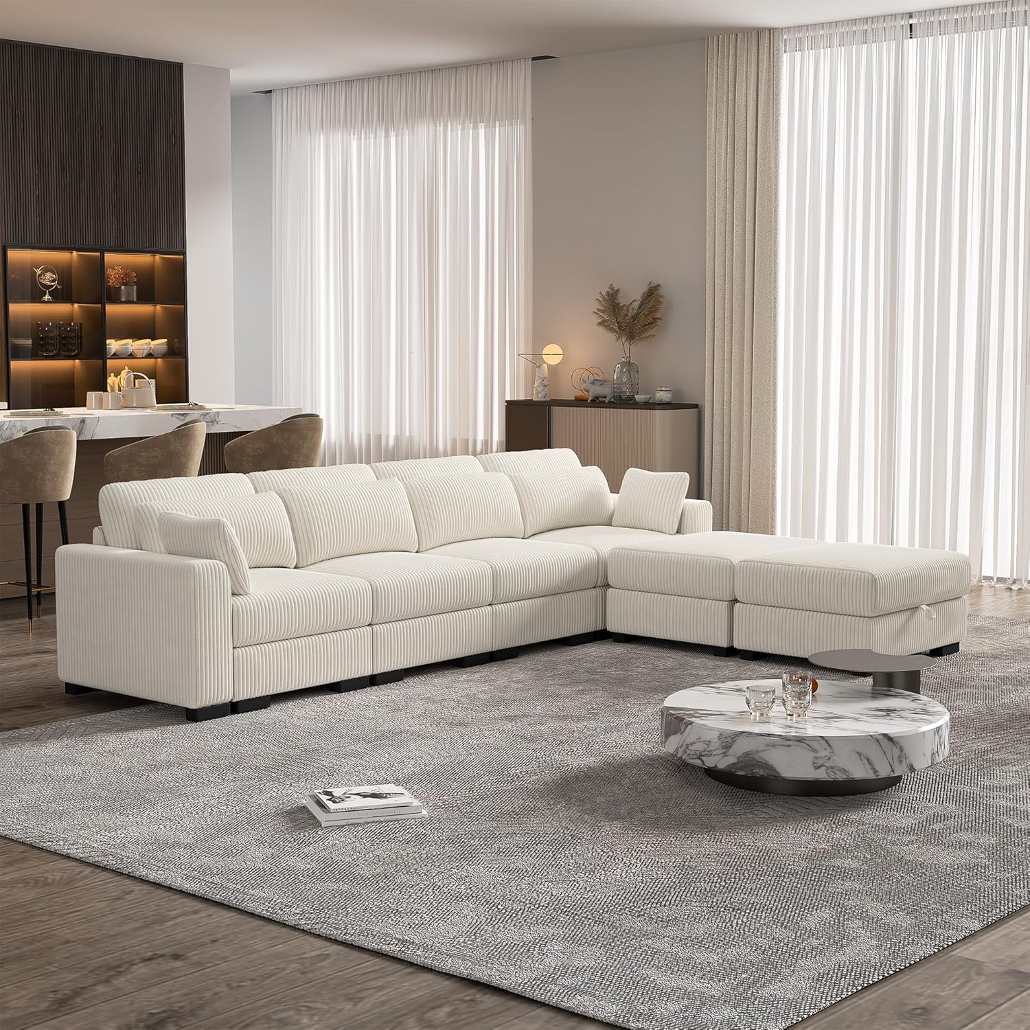 133" U Shaped Couch with Storage Seat, Oversized 6 Seater Sofa, Corduroy Sectional for Living Room, Beige