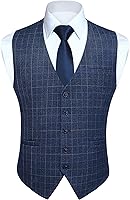 HISDERN Men's Navy Plaid Slim Fit Suit Vest - Formal Business Waistcoat Tuxedo V-Neck for Wedding Office