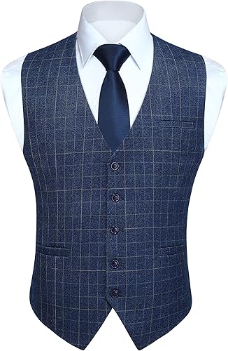 HISDERN Chaleco de traje para hombre, chaleco de vestir a cuadros para hombre, ajustado, chaleco formal de negocios, esmoquin con cuello en V,