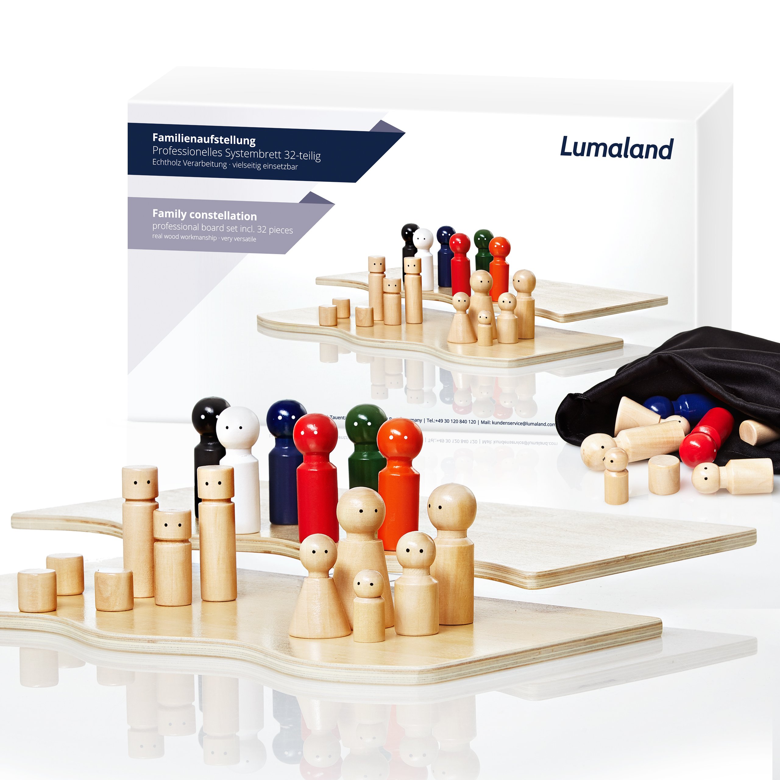 Lumaland Family Board for Standups with 30 Wooden Figures | Systemic Coaching Thanks to , Sizes and Shapes of Figures | Ideal for Family Constellations etc.