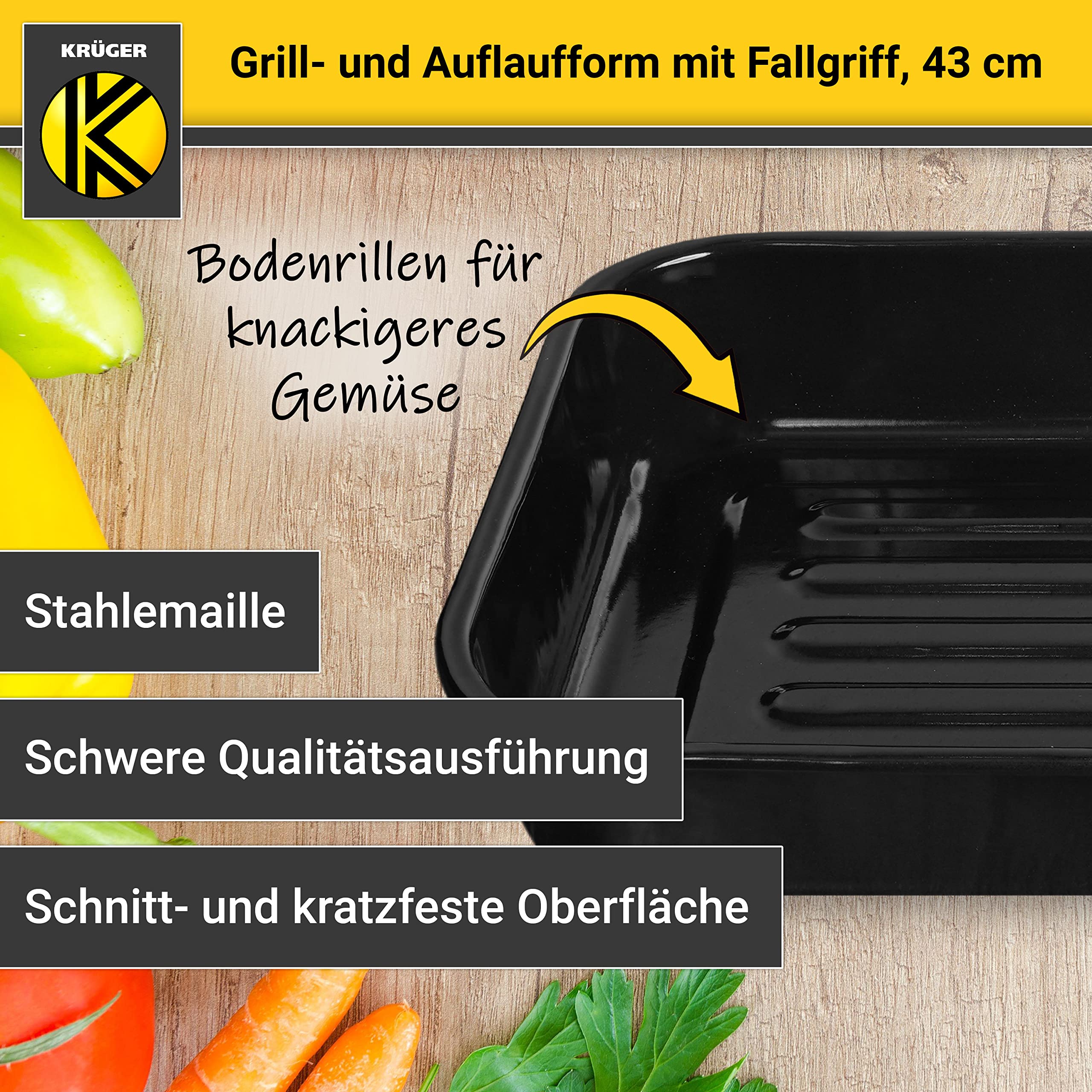 Krüger Emaille Grill- und Auflaufform 40 x 29 cm | Mit Edelstahlgriffen