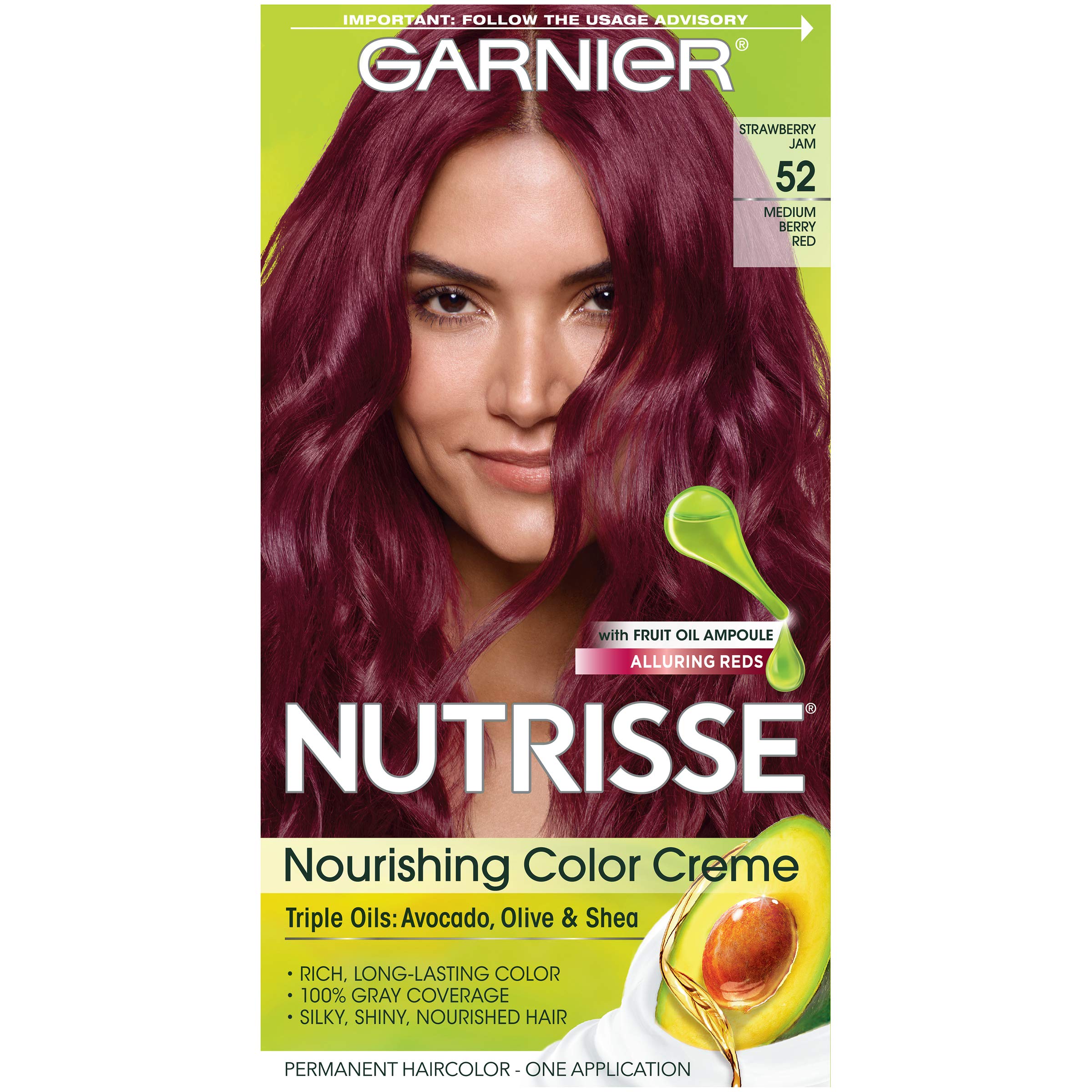 Garnier Hair Color Nutrisse Nourishing Hair Color Creme, Strawberry Jam 52, Medium Berry Red, 1 Count