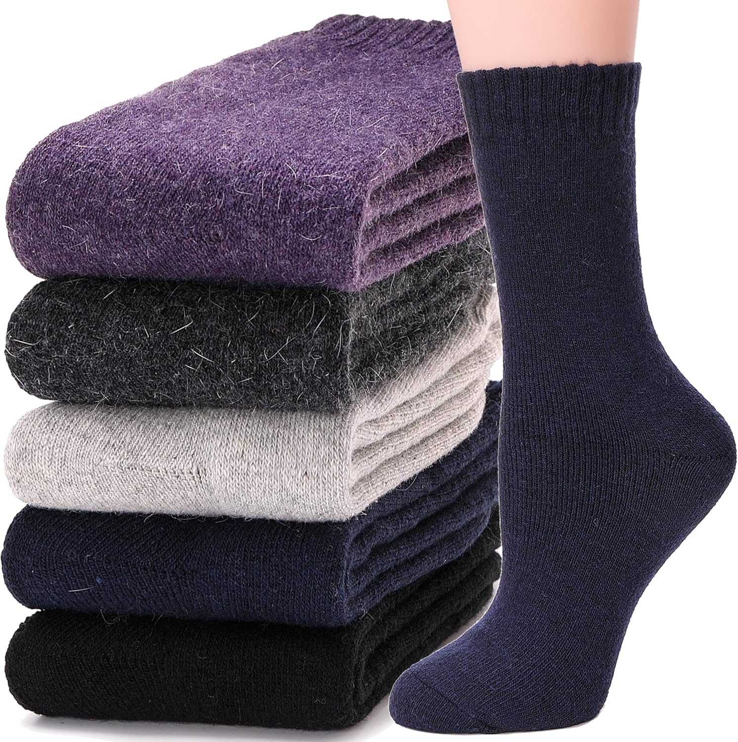 MOGGEI 5 Pairs Womens Merino Wool Socks Hiking Warm Winter Thick Thermal Crew Cozy Cabin Ladies Gift Comfy Boot Work Socks