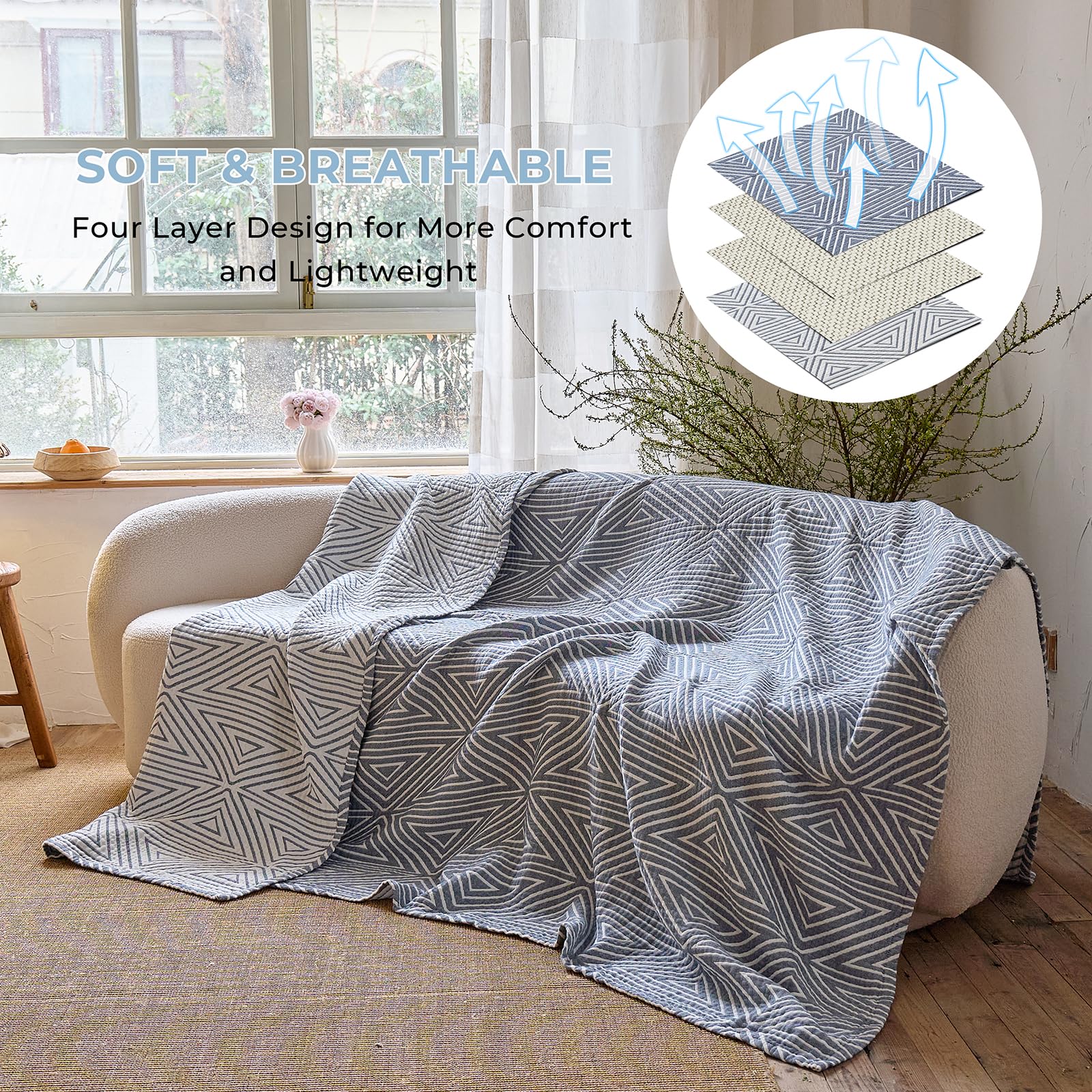 HOORDRY Musselin-Überwurfdecke, 100 % Baumwolle, doppelseitig, Sofaüberwurf, groß, 3-Sitzer, 200 x 230 cm, weich, gemütlich, leicht, Überwurf für Sofas und Bett, Ganzjahres-Tagesdecke, grau
