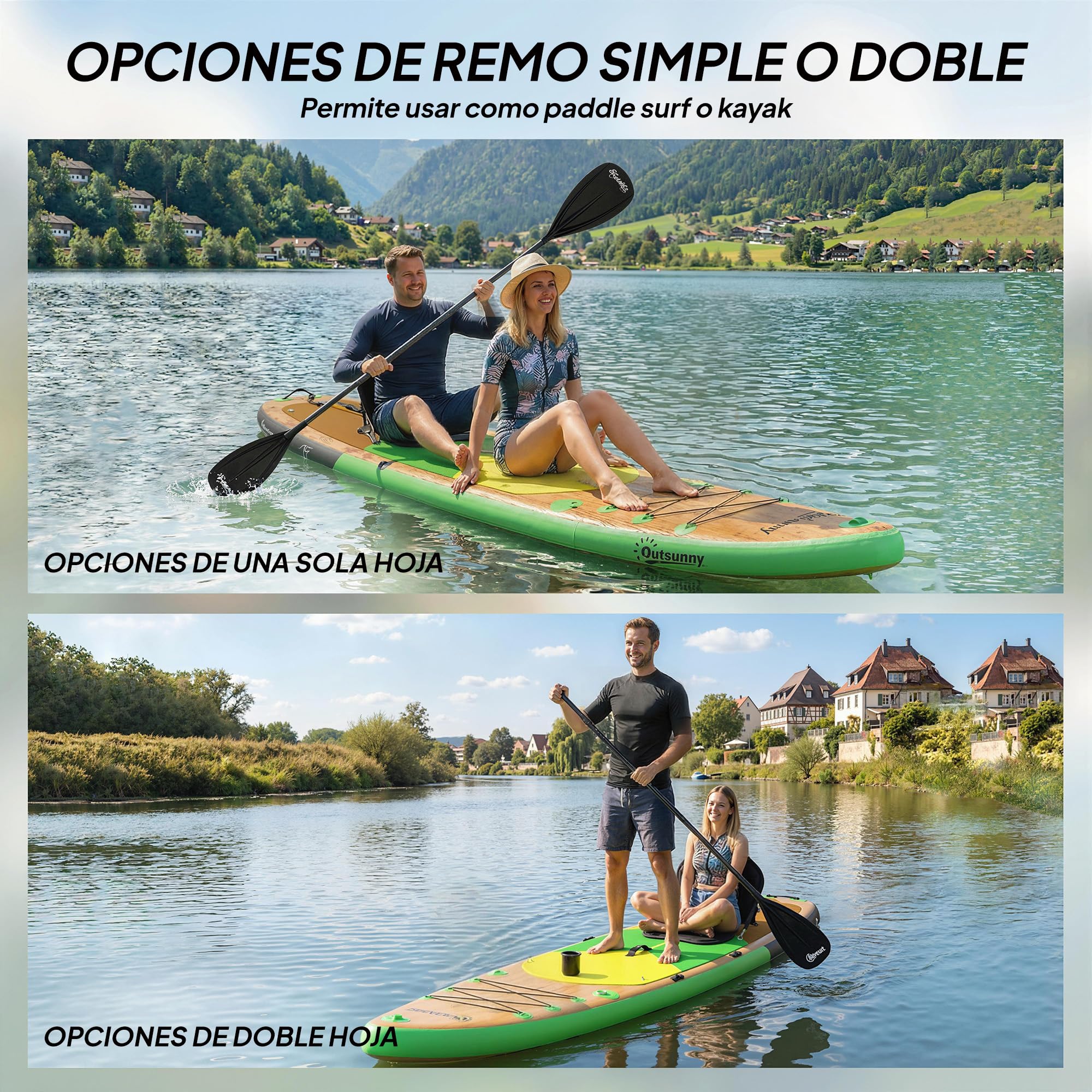 Outsunny Tabla Paddle Surf Hinchable con Accesorios, 335 cm, Remo Convertible, Asiento, Aletas, Stand Up Paddle Board con Superficie Antideslizante, Bomba, Mochila y Funda, Carga 180 kg, para Adultos