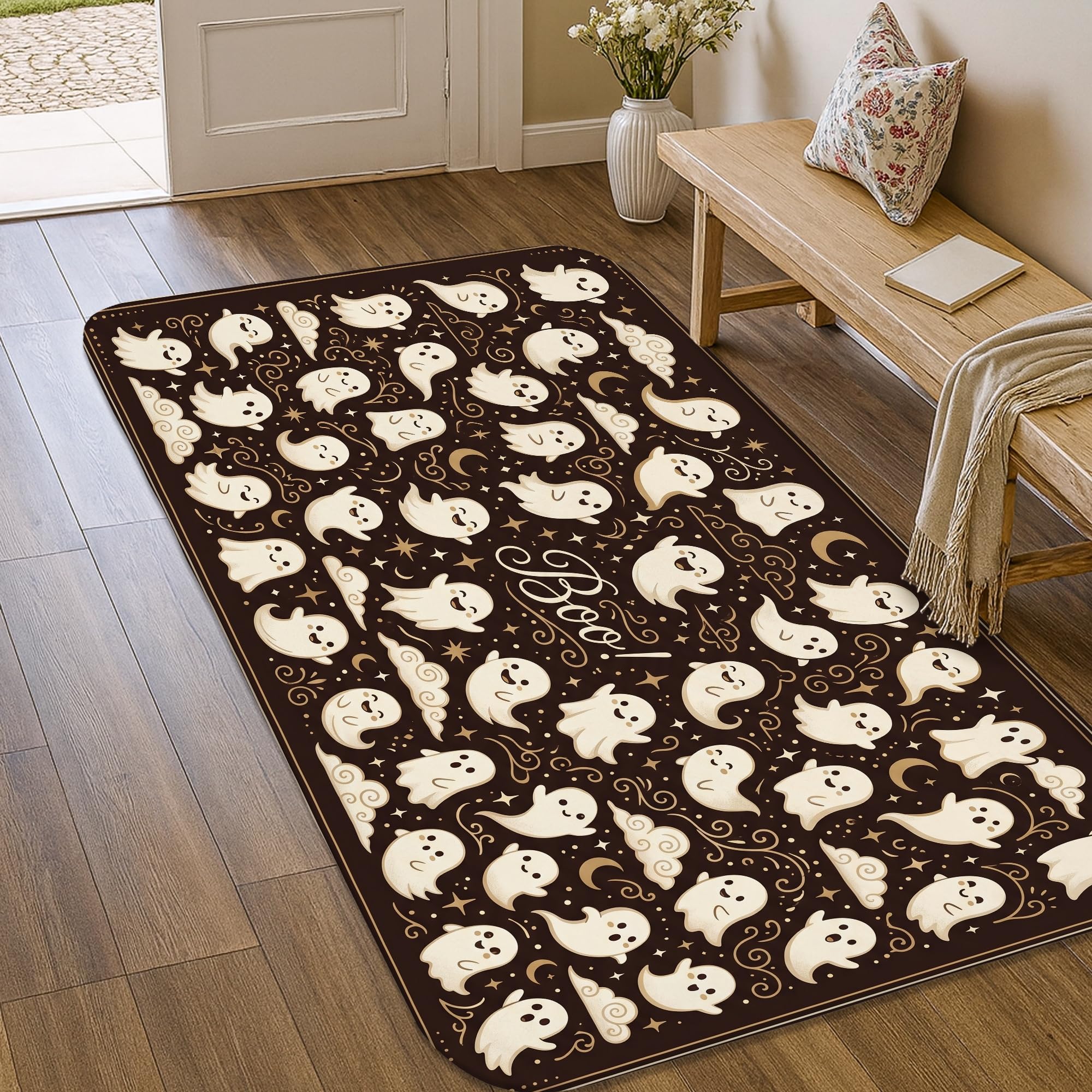 Alfombra fantasma de luna y estrellas marrón de 3x5 pies para dormitorio