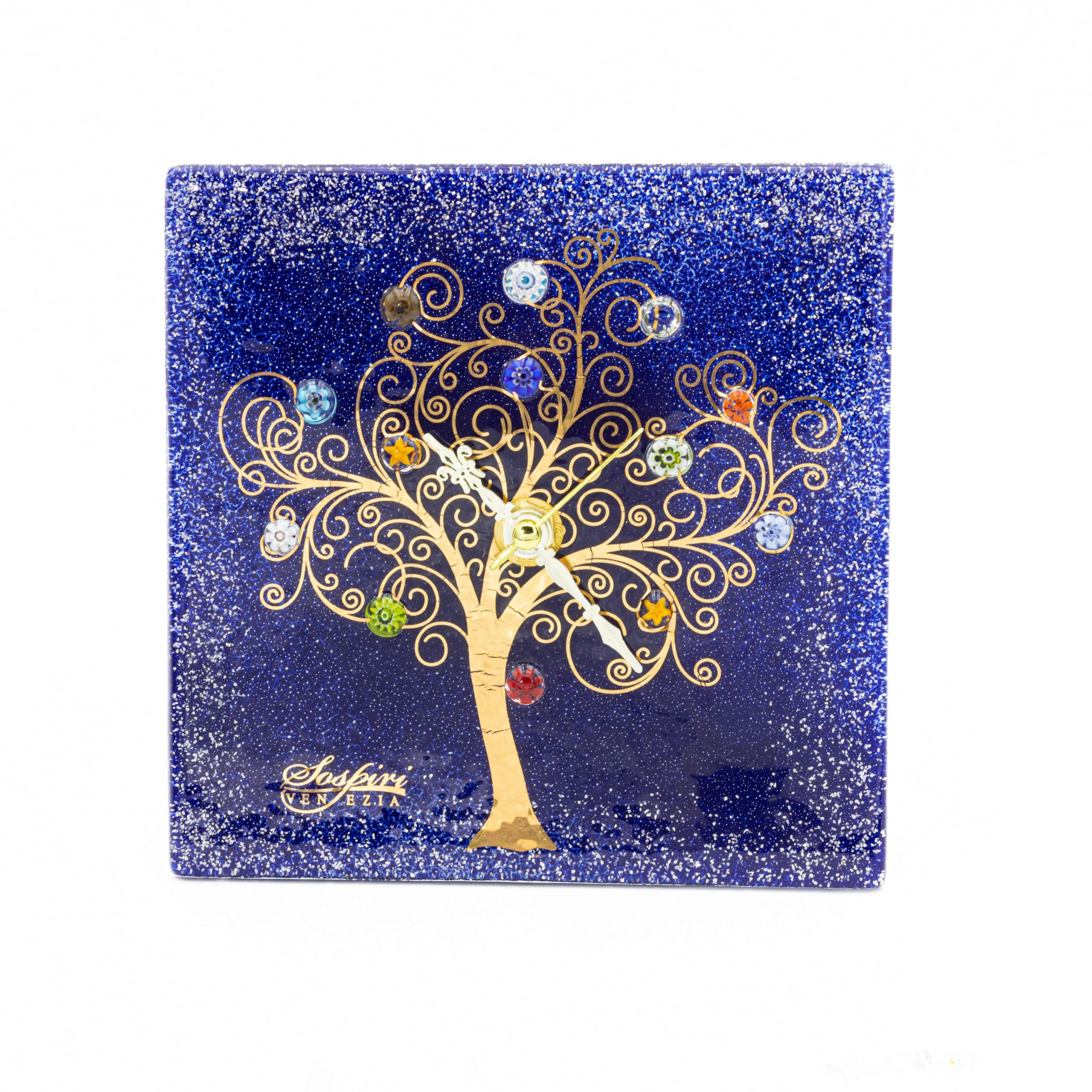 Sospiri Venezia Table Clock Murano Glass Silent Mechanism Decorated with Murrines and Gold Leaf Gift Handmade Made in Italy (14x14)