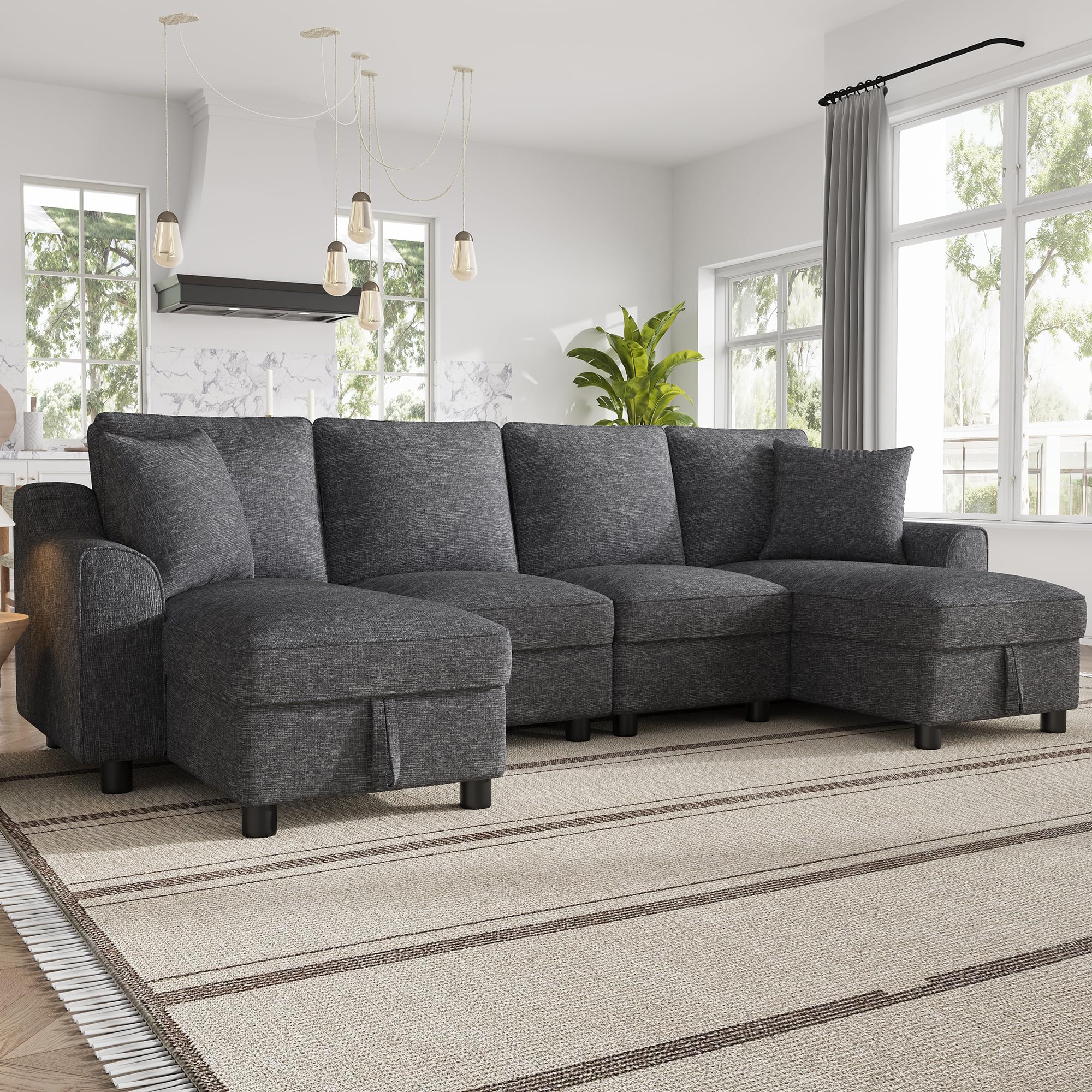 Großes Ecksofa U-Form, Chenille Wohnlandschaft mit Stauraum, Modulares Sofa mit 2 Chaiselongues und Kissen, Couchgarnitur für Wohnzimmer, Familien Sofa Grau (Grey, 4-Sitzer)