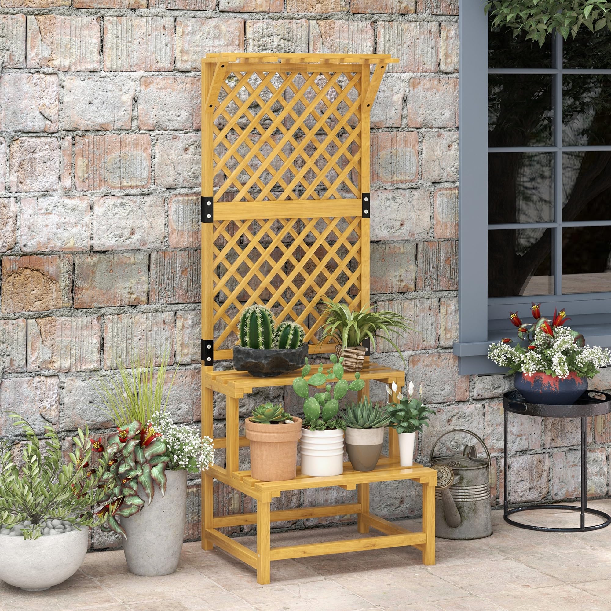 Outsunny Blumentreppe mit Rankhilfe 2 Stufen Dach 60 x 50 x 166 cm Gelb | Pflanzentreppe Für Innen Außen, Holz Blumenständer, Mehrstöckig Blumenregal Für Garten Balkon