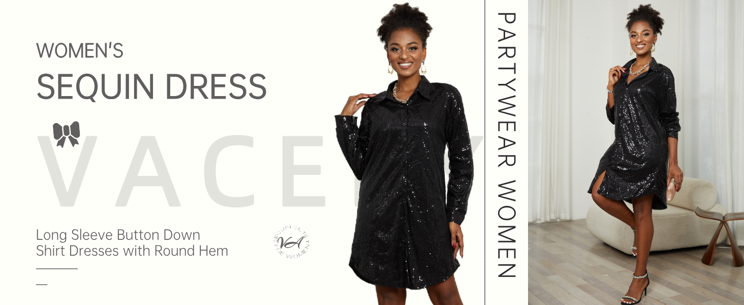 Vaceky Sequin Shirt Dress Women Collared Button Down Long Sleeve Flowy  Tunic Dresses at Amazon Women's Clothing store