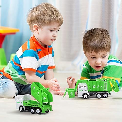 Miniatura 5 de Juego de 3 vehículos de juguete camión de saneamiento modelo de automóvil camiones de basura tanque de agua con 8 postes de señal potencia de
