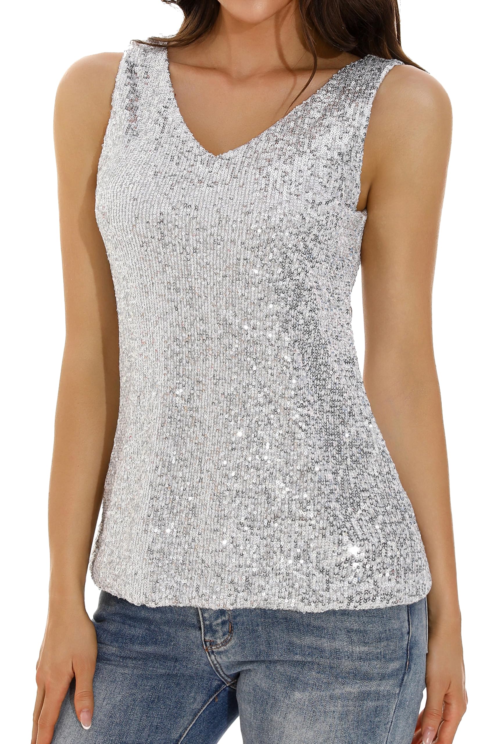 GUANYY Womens Sequin Tank Tops V Neck Sleeveless Sparkly Dressy Blouse Loose Fit Glitter Party Club Outfits