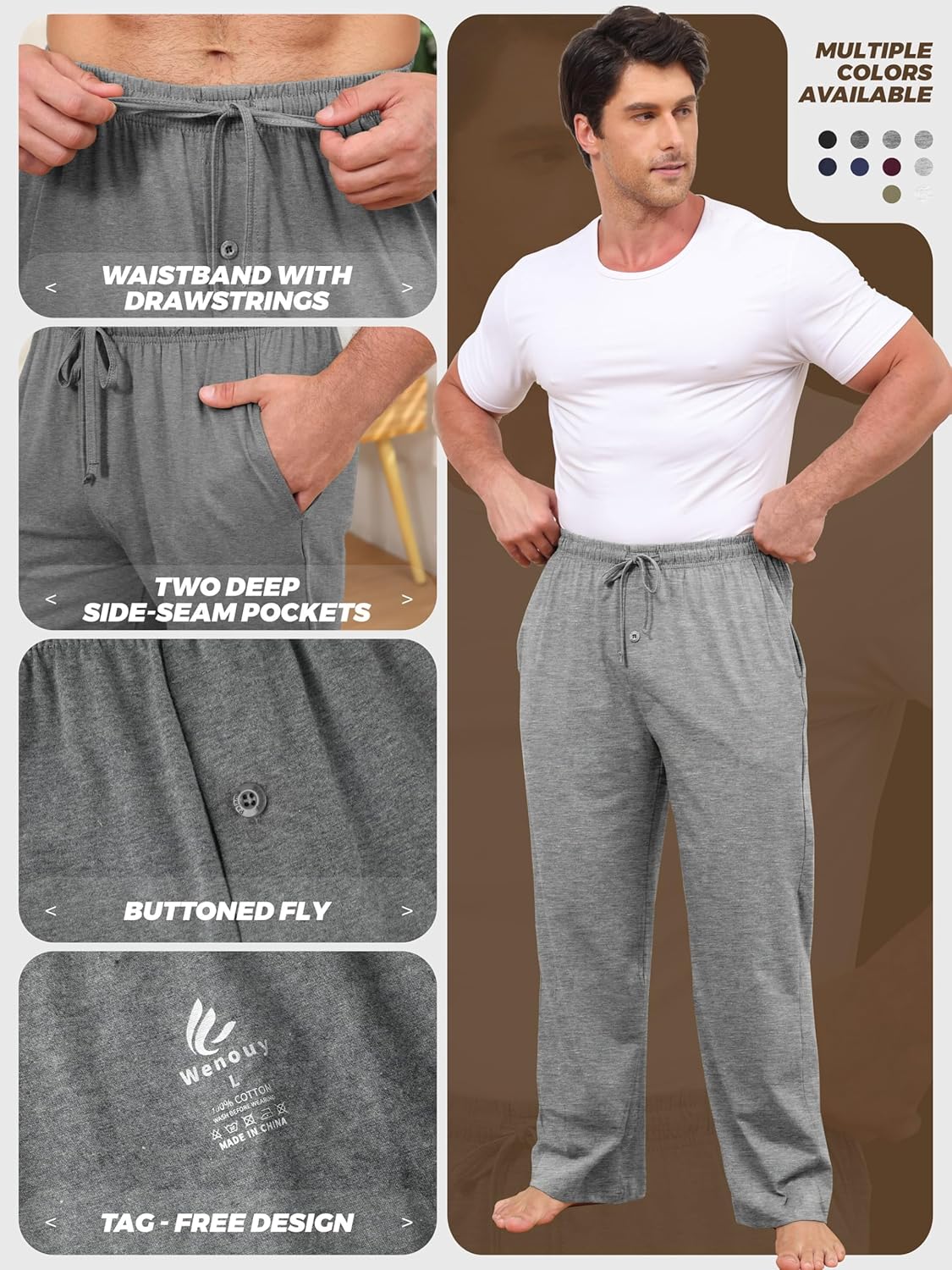 Men's Cotton Pajama Pants Soft Sleep Lounge Pants with Pockets & Drawstring Sleepwear PJ Bottoms for Men - Image 3