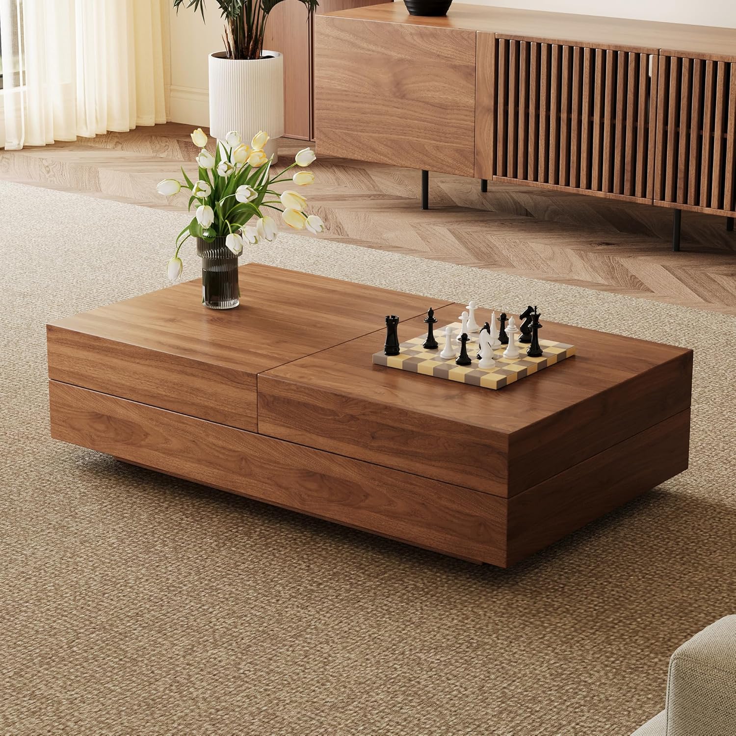 Mid-Century Expandable Coffee Table with Storage – 47.2"-81.9" Adjustable Center Table for Living Room, Walnut Wood Finish