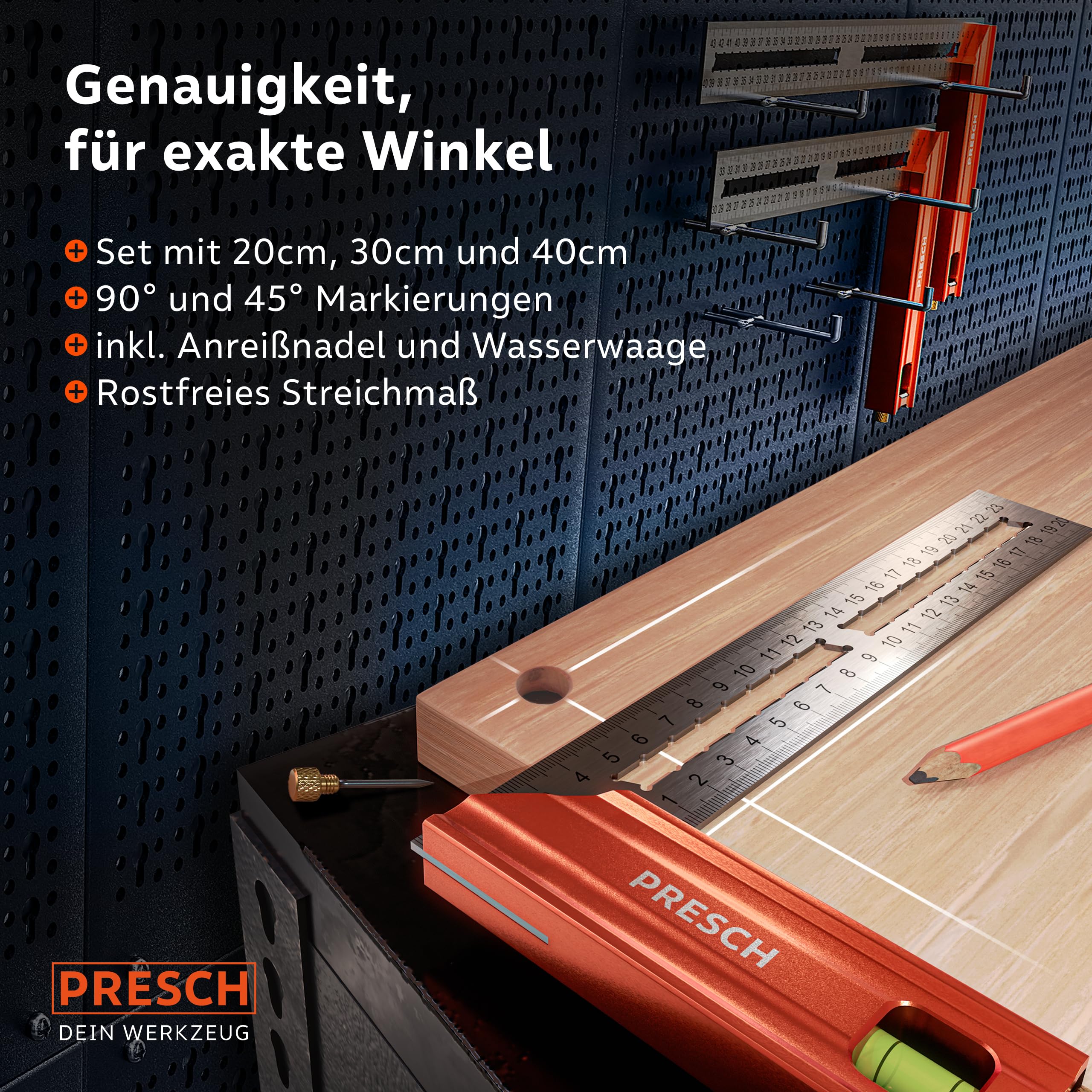 Presch Anschlagwinkel Set - 200mm, 300mm & 400mm - Hochpräzise & Rostfrei - Innovatives Streichmaß - Exakter 90° und 45° Anschlag inkl. Wasserwaage & Anreißnadel für ultimative Vielseitigkeit