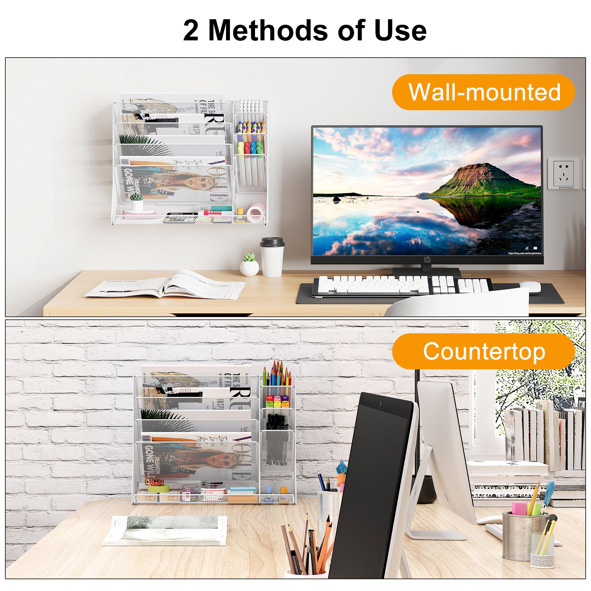 Porte Revue Mural Métal 5 Compartiments avec 3 Porte Stylo Rangement Document A4 Organisateur de Bureau Blanc