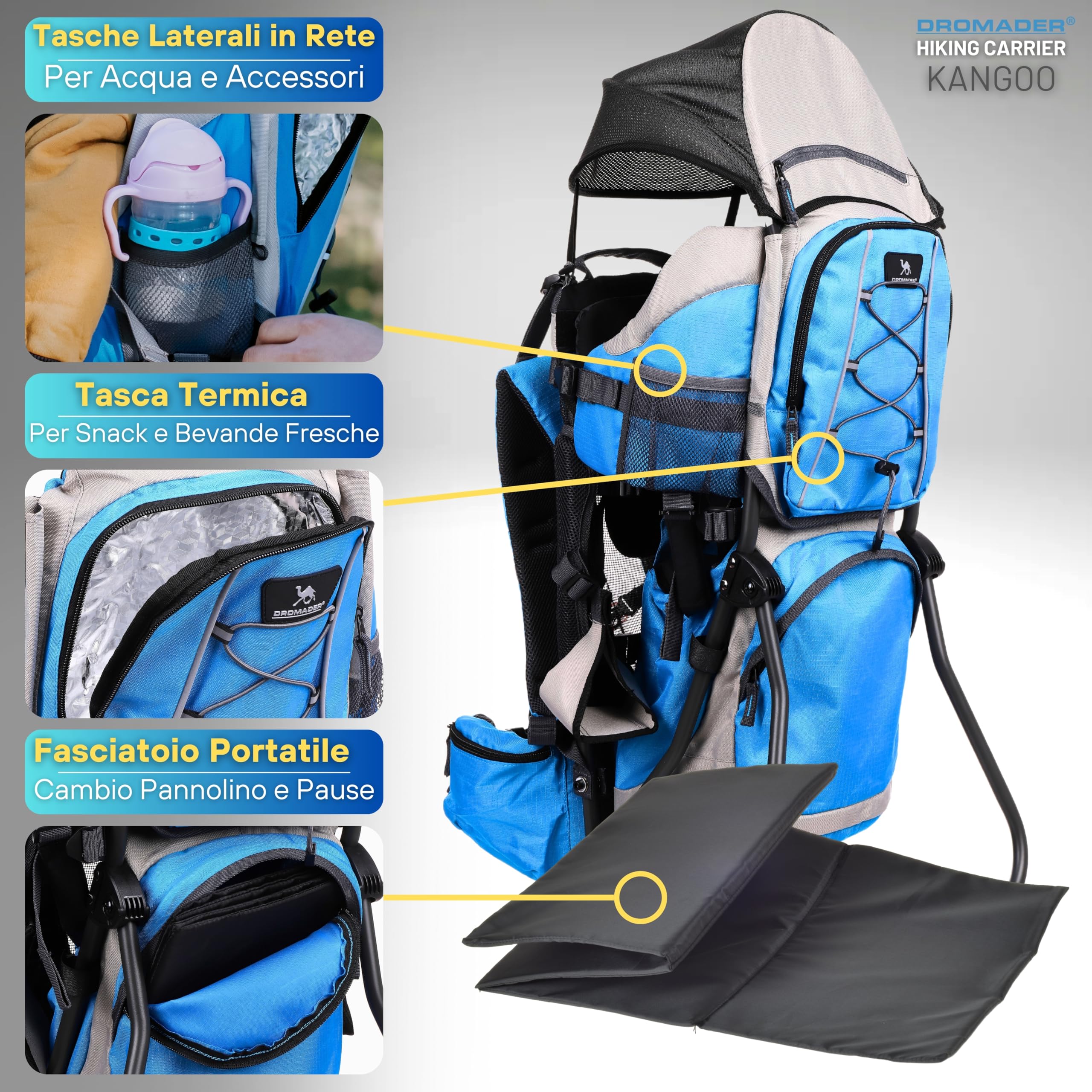 DROMADER Zaino Porta Bambino Montagna - Zaino Porta Bimbo fino a 22kg con Parasole, Parapioggia, Tasca Isolante, Materassino Fasciatoio - Telaio Pieghevole con Una Mano - Blu