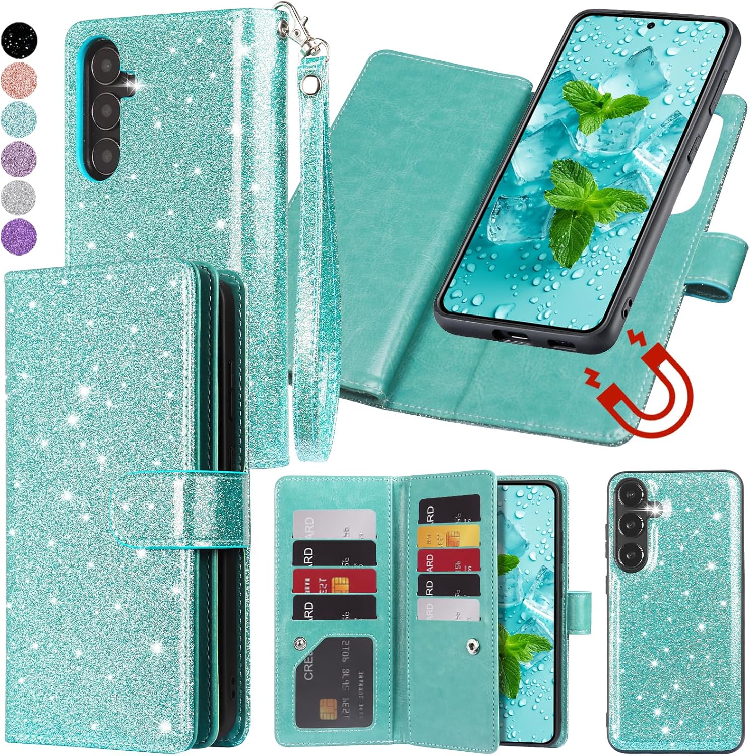 Varikke for Galaxy S25 Wallet Case Detachable with RFID Blocking Card Holder for Women, Glitter Leather Strap Magnetic Flip Wallet Removable Phone Case Cover for Samsung Galaxy S25 6.2", Mint Green