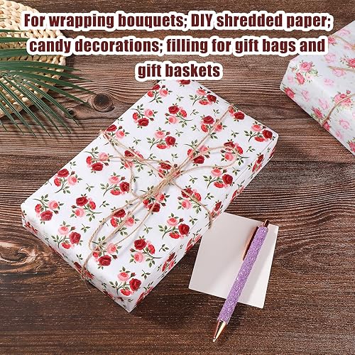 Miniatura 4 de 30 hojas de papel de seda rosa, 19.68 x 13.78 pulgadas, papel de seda estampado floral, embalaje de regalo con estampado de rosas para cumpleaños,