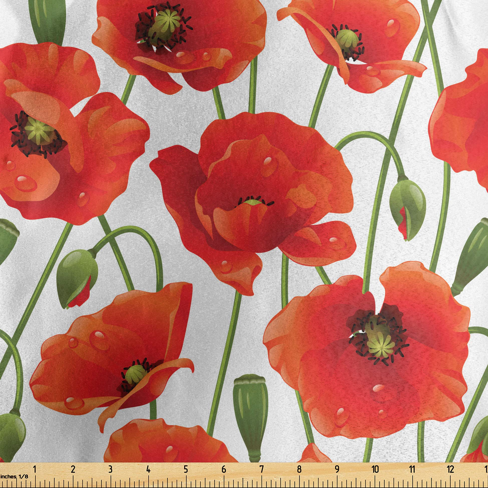 Lunarable Flower Fabric by The Yard, Poppy Flowers Bloom Design Buds Water Droplets Dew Morning Time Pattern, Decorative Satin Fabric for Home Textiles and Crafts, 3 Yards, Fern Green