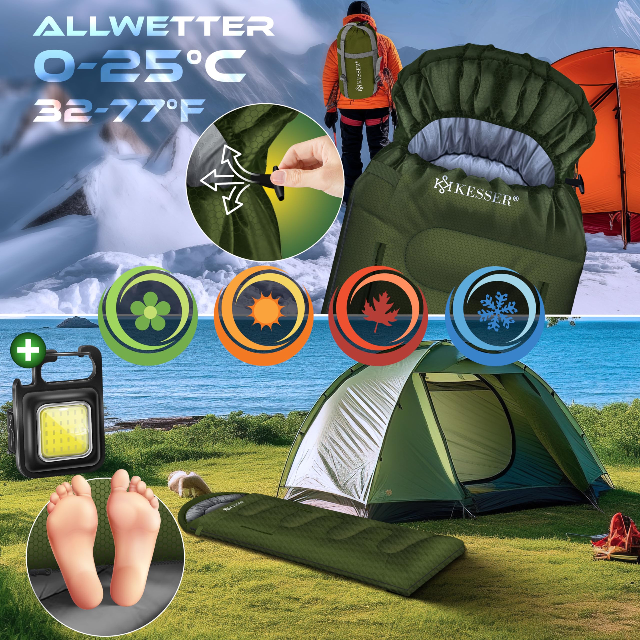 KESSER® Schlafsack Outdoor | Deckenschlafsack 3-4 Jahreszeiten | Camping-Sleeping-Bag für Erwachsene & Kinder | Leicht Tragbar Warm & Wasserabweisend inkl. Campinglampe & Seitentasche