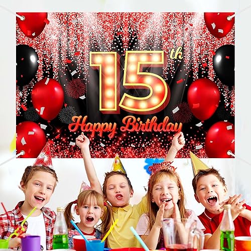 Miniatura 3 de Cartel de fondo de feliz cumpleaños número 15, fondo negro y rojo con fondo neón brillante para fiesta de cumpleaños, fotografía, fondo de cabina