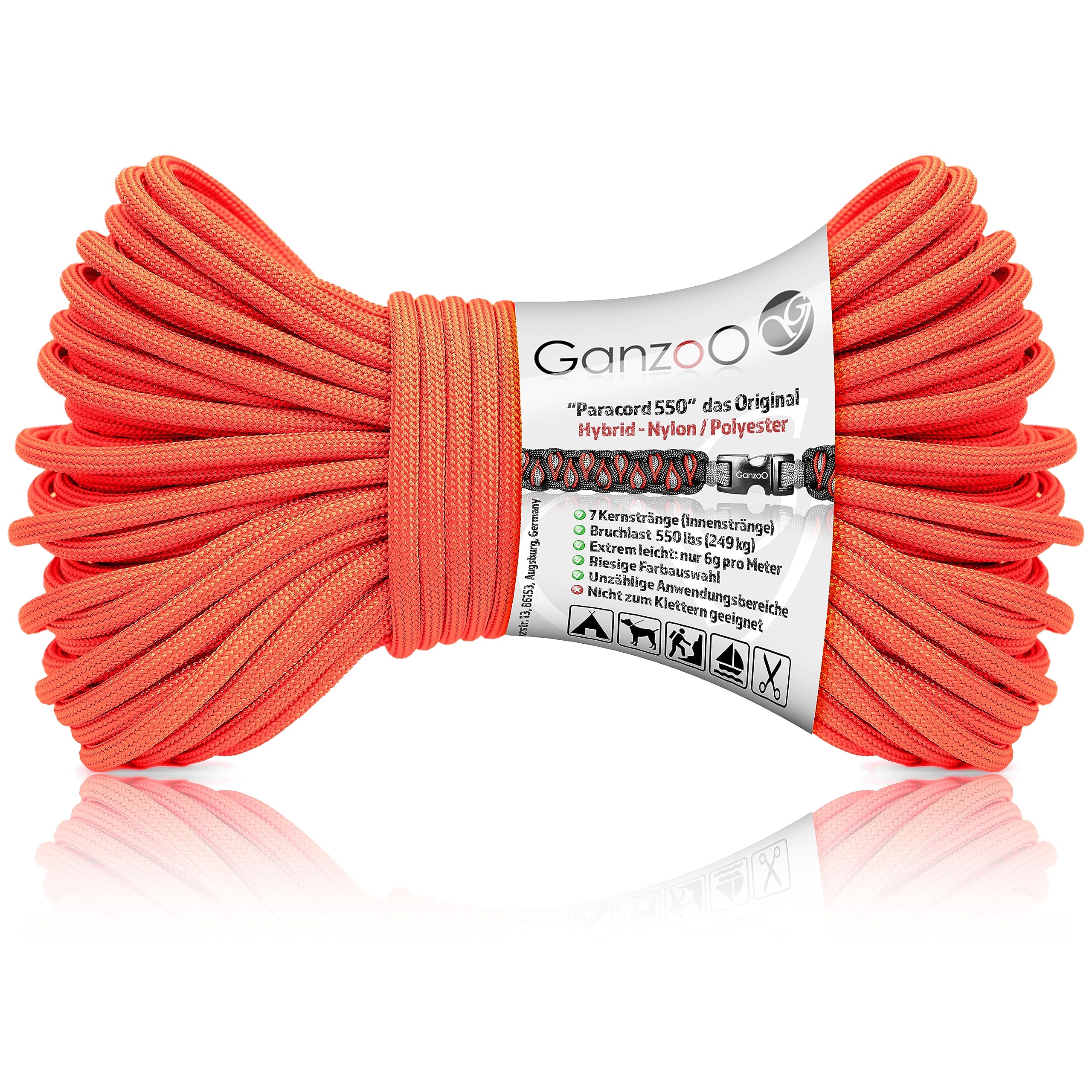 Ganzoo paracorde 550 Hybrid nylon polyester, type 3, 7 brins, diamètre 4 mm, longueur 30 m, orange fluo hotorange, cordelette polyvalente pour camping, porte clef, poignée couteau, longe collier chien