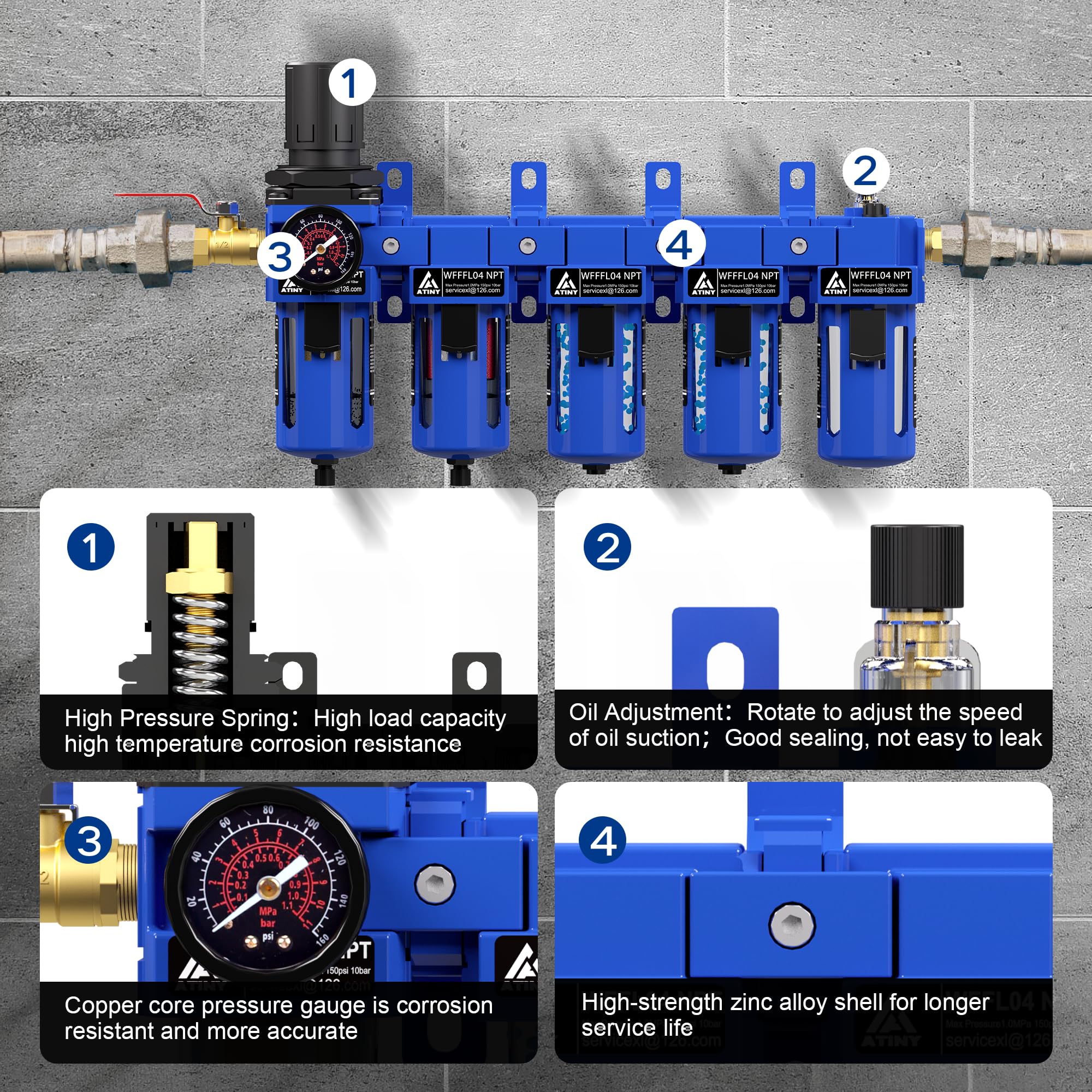 1,3 cm NPT 5-stufiger Luftfilter-Regler, Schmierstoff-Kombination, Luftregler und Wasserabscheider, Luftkompressor-Wasserabscheider, Blau