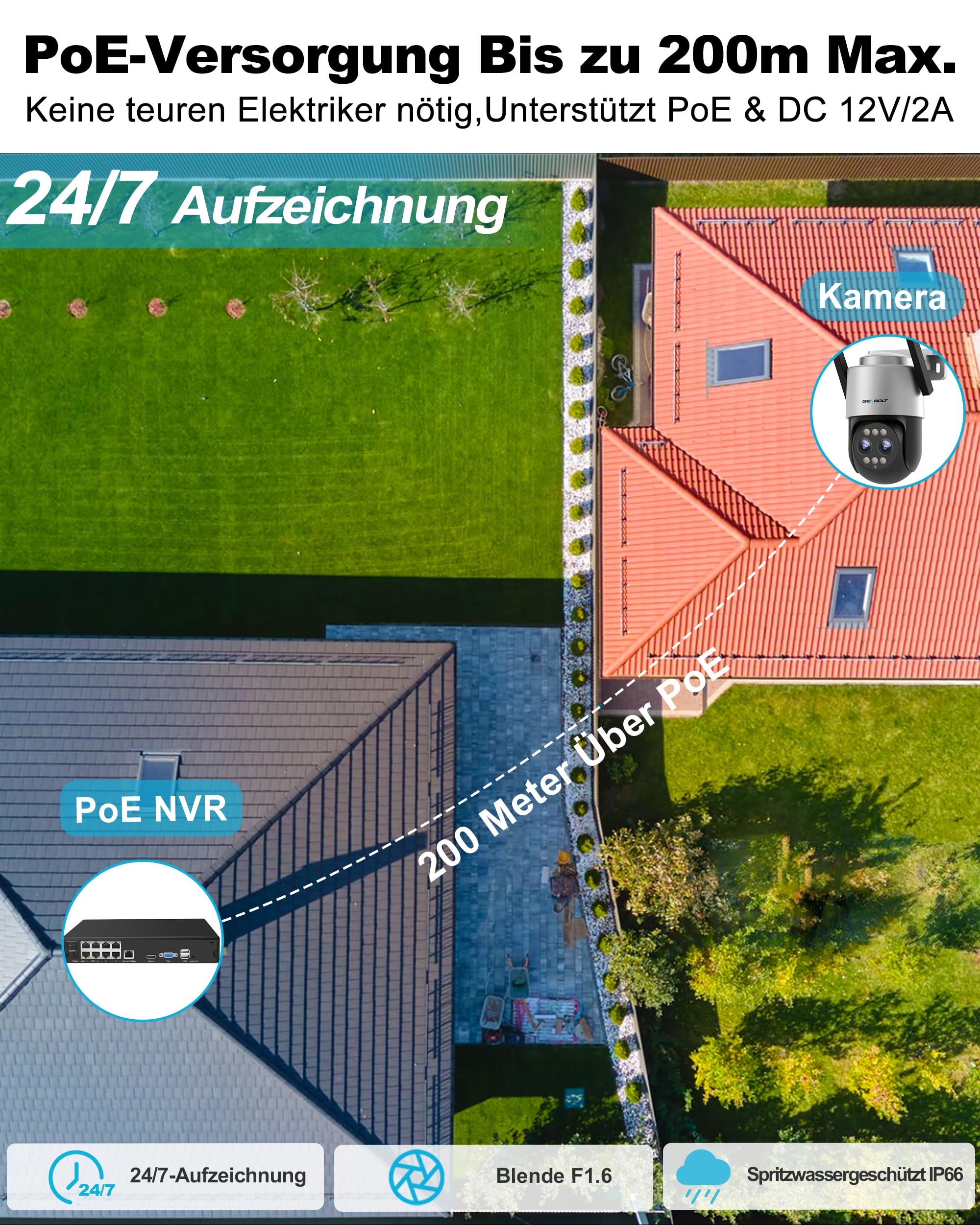 GENBOLT 2,5K PTZ WiFi Überwachungskamera für den Außenbereich mit PoE,Dual-Linsen CCTV Heim-Überwachungskamera mit 10X Hybrid Zoom,IP-Kamera mit Farbnacht 4MP,automatische Verfolgung(2,4&5GHz)