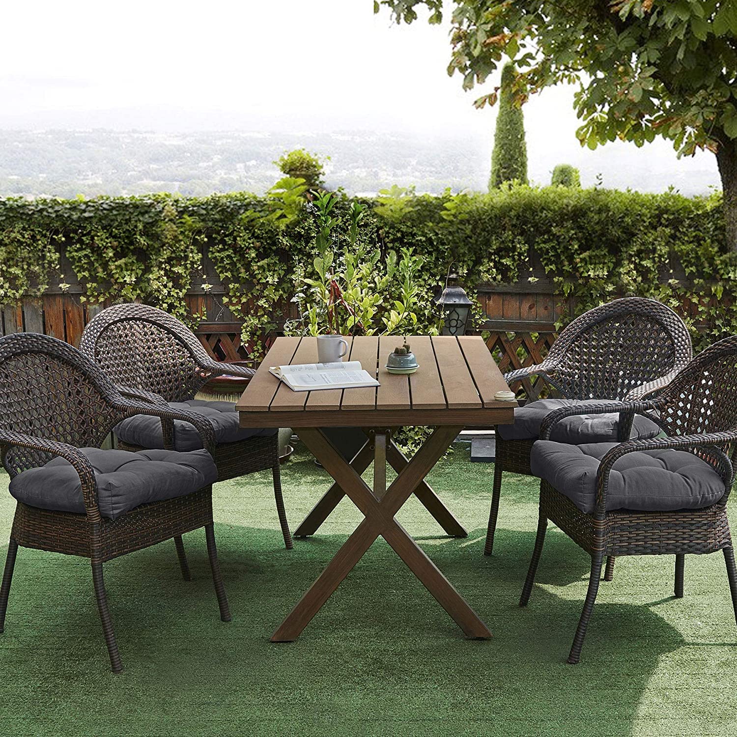 Marina Decoration Premium Thick Comfy Patio Pads Fiber Fill Tufted 19 x 19 x 4 Inch Textured Solid Cover Outdoor Indoor Chair Seat Cushions, 6 Count Pack Charcoal Grey Color